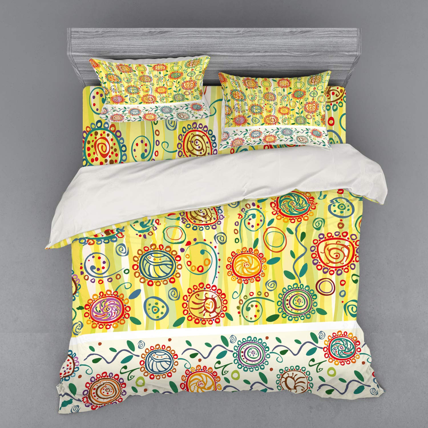 Ambesonne Abstract Pastel Green Bedding Set - 3 Piece Duvet Cover with Sham & Fitted Sheet, King Size, Colorful Wavy Sketch Design | Modern Bedroom Decor for Guest Rooms & Master Suites