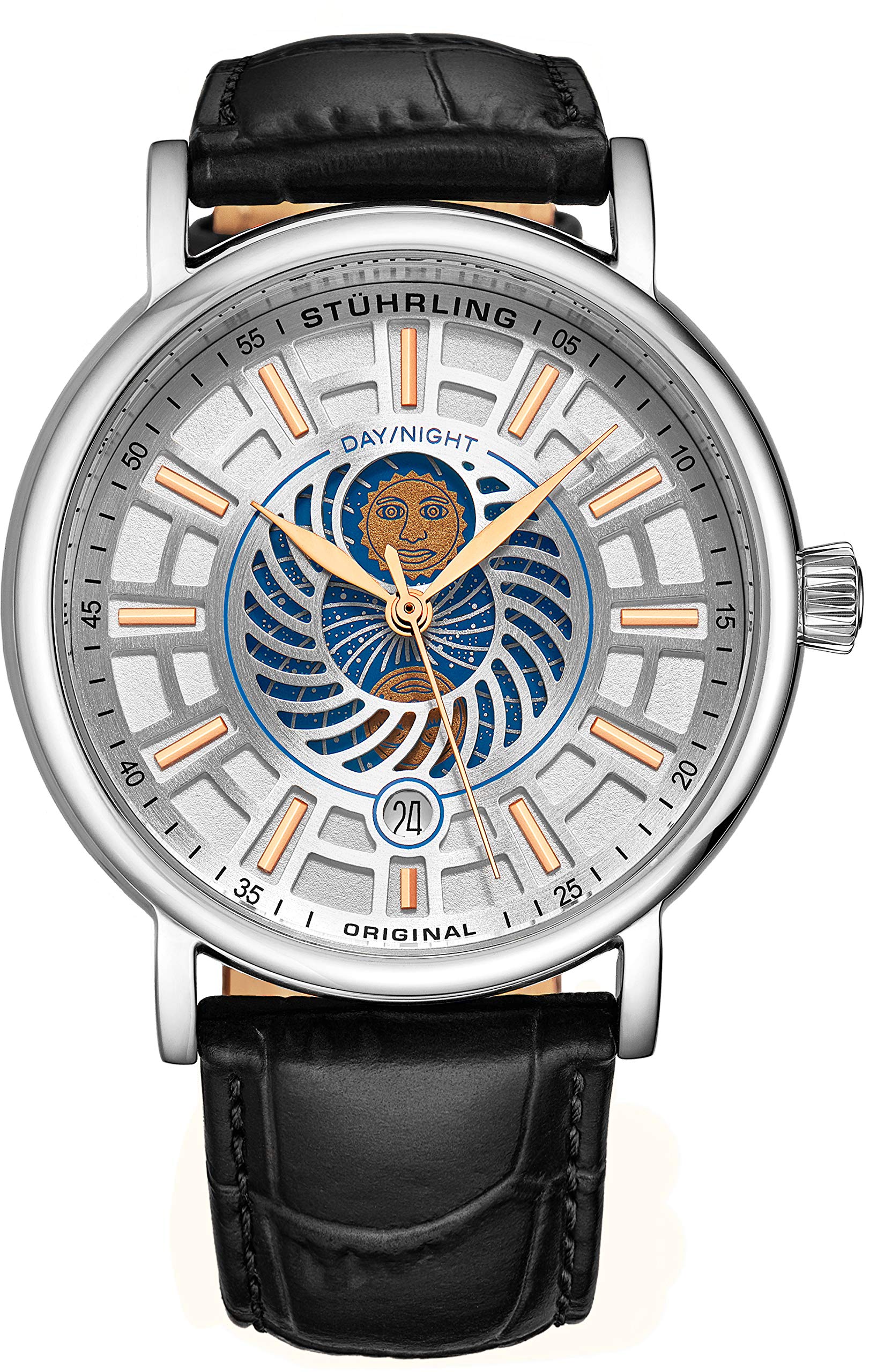 Stuhrling Original Men's Day/Night Dress Watch - Stainless Steel Case & Genuine Leather Band - Analog Watch with Date & Day/Night Indicator - Luxury Formal & Business Watches for Men - Perfect for Office, Weddings & Special Occasions