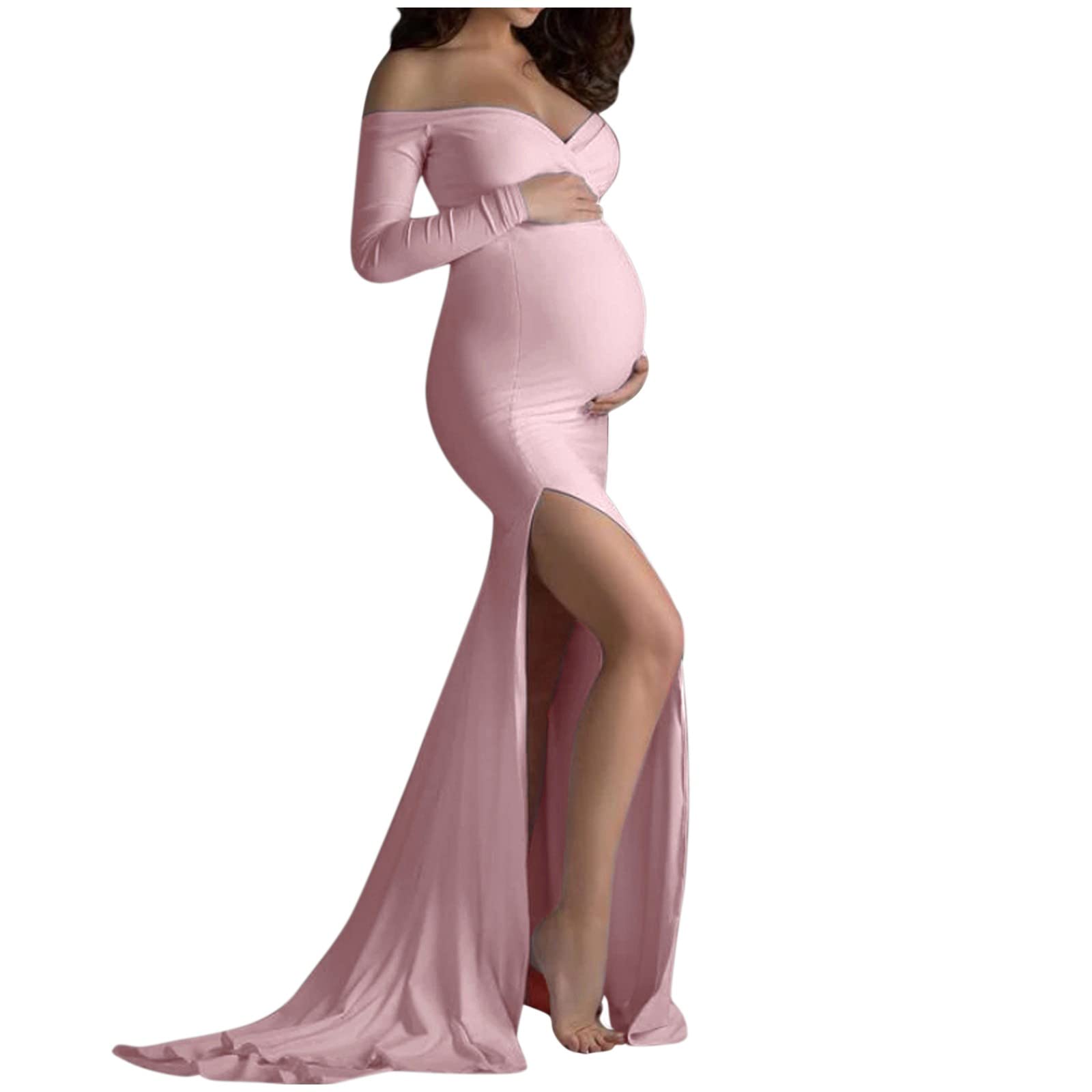 Maternity Maxi Dress for Women - Long Sleeve Pregnancy Photo Shoot Dress, Solid Color Nursing Dress (Pink, Size M) | Perfect for Maternity Photoshoots, Baby Showers & Nursing Comfort