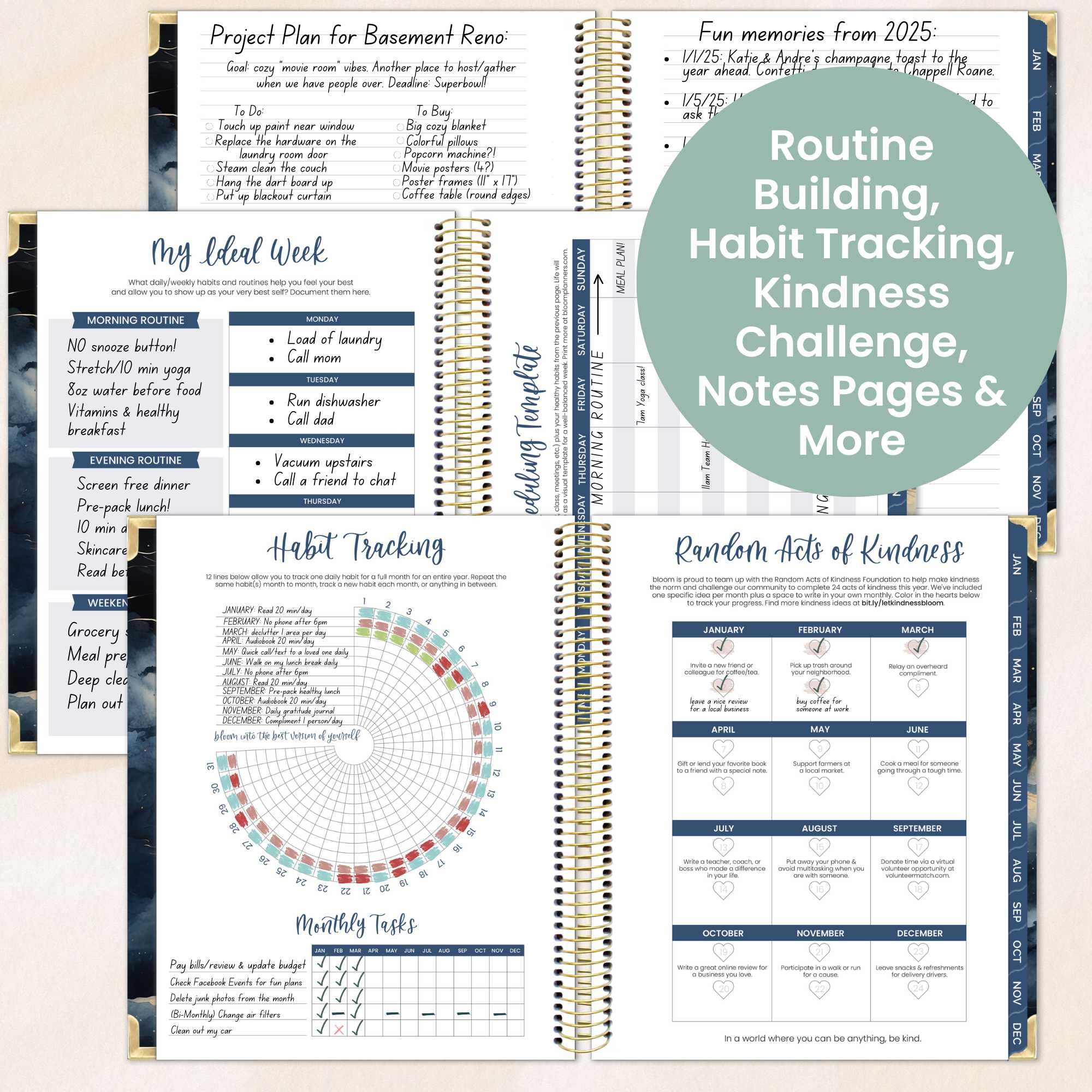 Bloom 2025 Hard Cover Planner - Goal Setting & Vision Journal with Monthly/Weekly Layout - 7.5