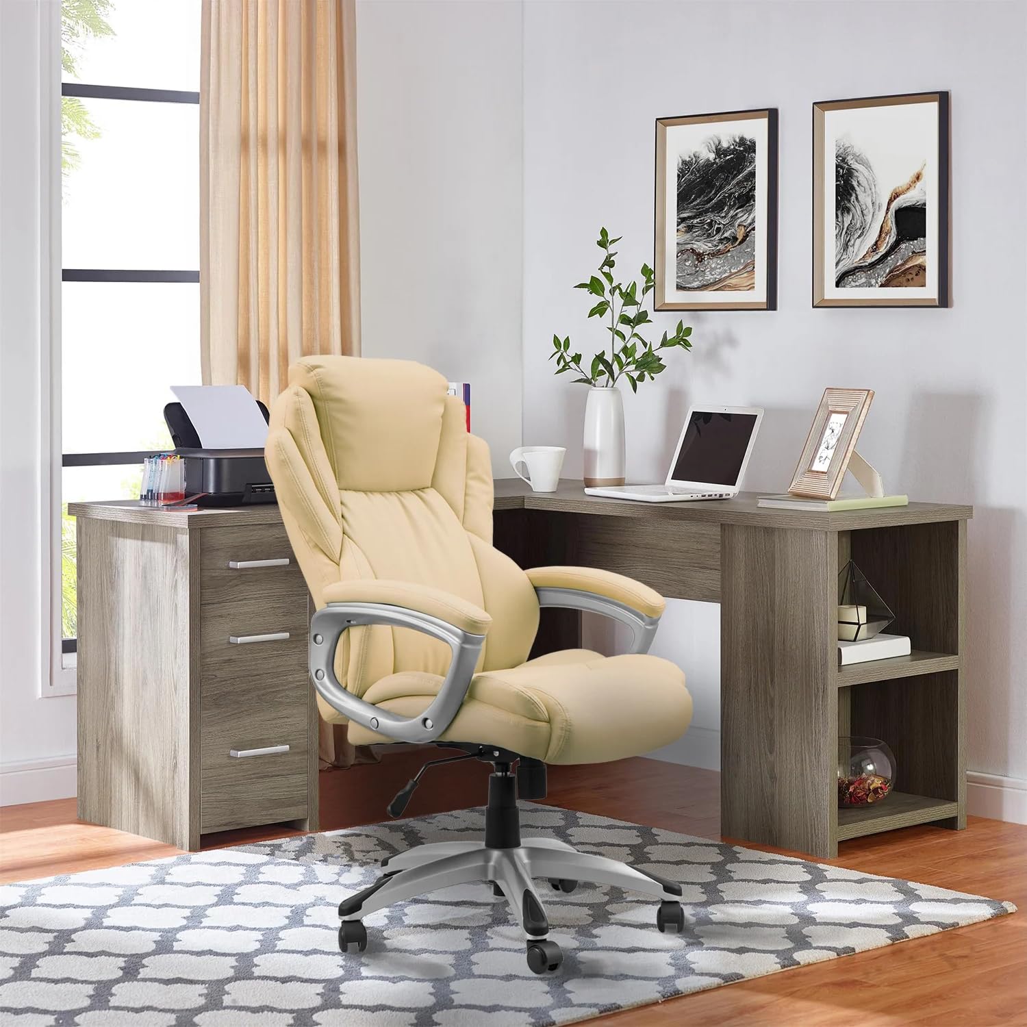 250lb High Back Ergonomic Office Chair - PU Leather Executive Swivel Computer Desk Chair with Thick Padding for Home & Office Work, Beige | Perfect for Long Hours of Comfortable Sitting & Productivity