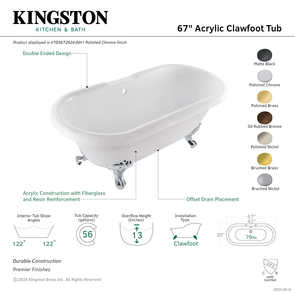 Aqua Eden 67-Inch Acrylic Oval Double-Ended Clawfoot Bathtub - Glossy White/Matte Black Freestanding Soaking Tub (No Faucet Drillings) - Perfect for Vintage Bathroom, Spa Retreat & Luxury Home Decor