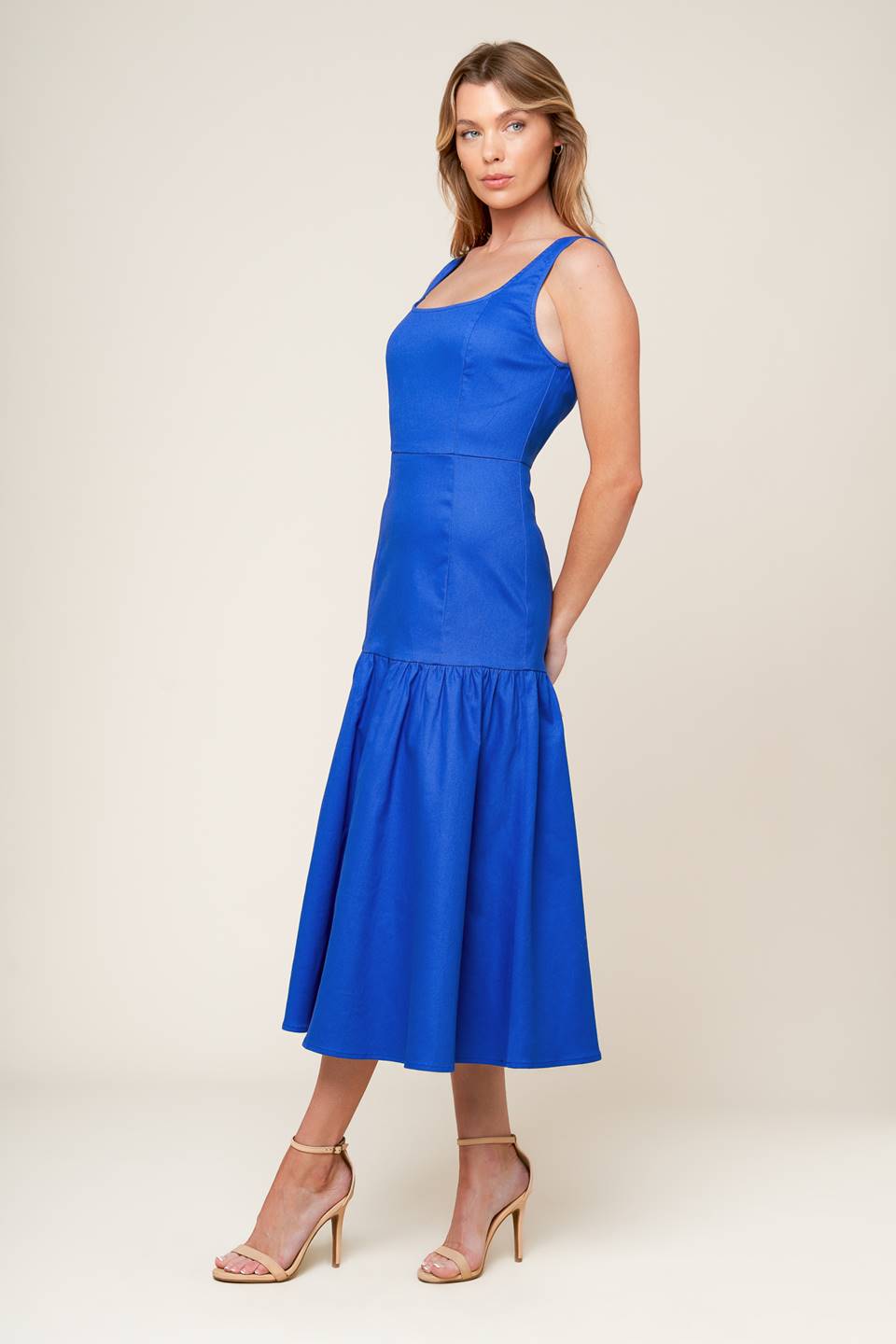 Bonnie Blue Midi Dress with Square Neckline & Drop Waist - Elegant Women's Summer Dress for Casual Outings, Weddings & Beach Vacations