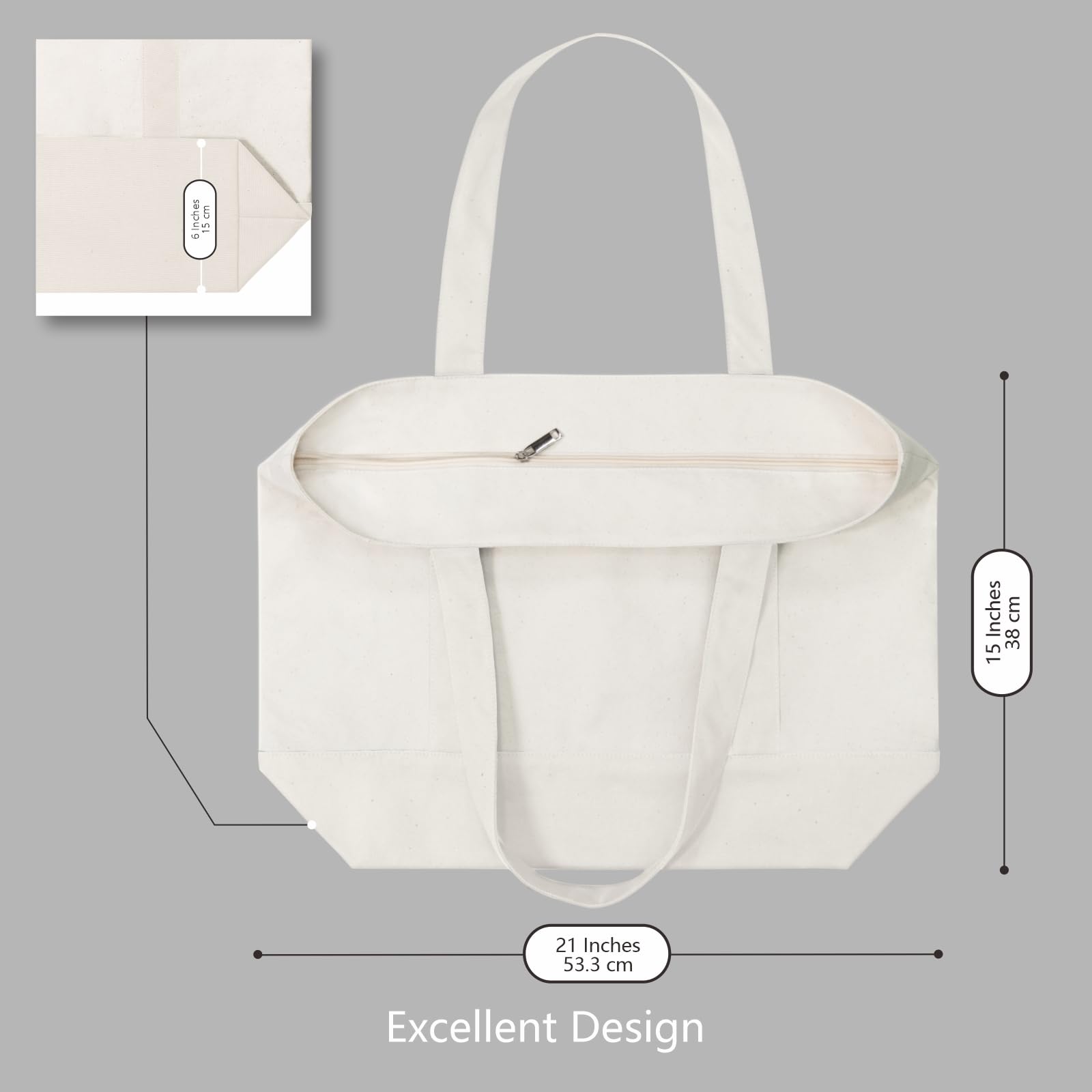 TOPDesign 30-Pack Canvas Tote Bags with External Pocket - Reusable Grocery Shopping Bags with Zipper Closure for Daily Essentials (Natural) | Perfect for Groceries, Beach Trips & Eco-Friendly Shopping