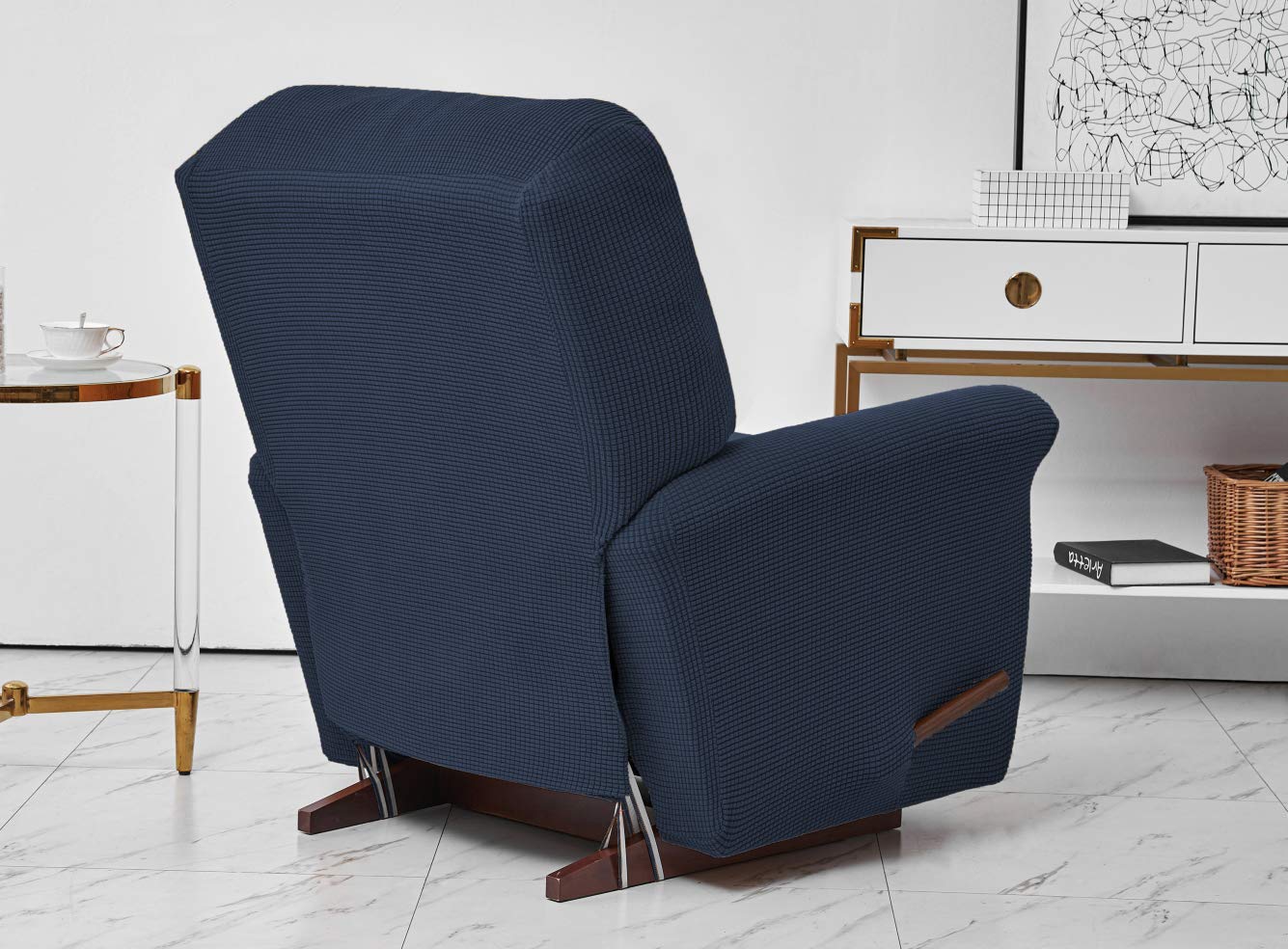 Stretch Recliner Slipcover Sofa Cover with Pockets - Spandex Jacquard Non-Slip Couch Protector - Navy Blue - Perfect for Living Room, Home Theater & Family Room Furniture Protection