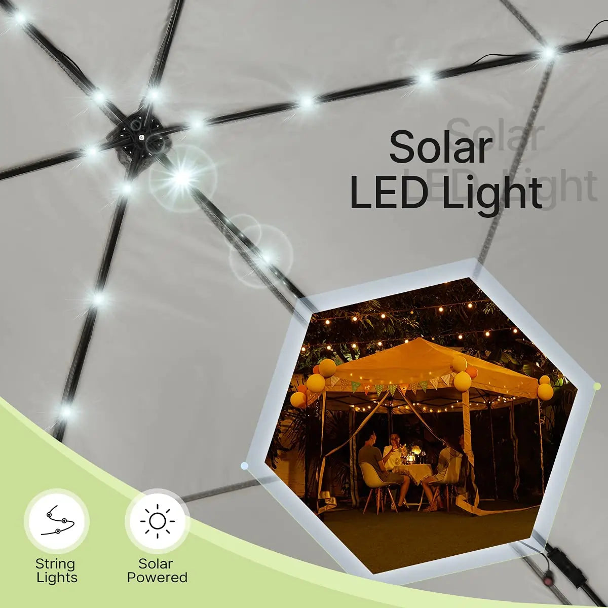 13' x 13' Hexagonal Pop Up Canopy Tent with Mesh Netting & LED Lights for Outdoor Parties, Camping, and Beach Events