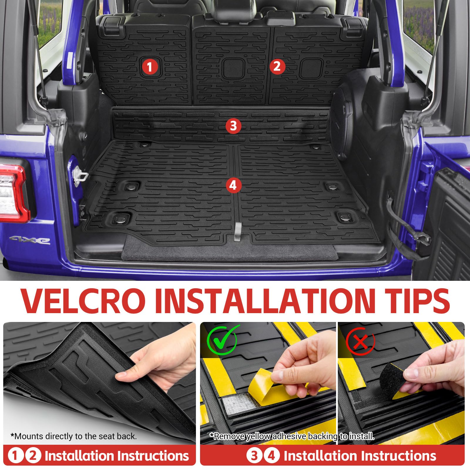 2021-2024 Jeep Wrangler JL 4 Door Unlimited 4XE Cargo Mat with Seat Back Cover - Heavy Duty TPE Trunk Liner & Backrest Protector for Jeep Wrangler JL/JLU Accessories - Perfect for Road Trips, Camping & Outdoor Adventures