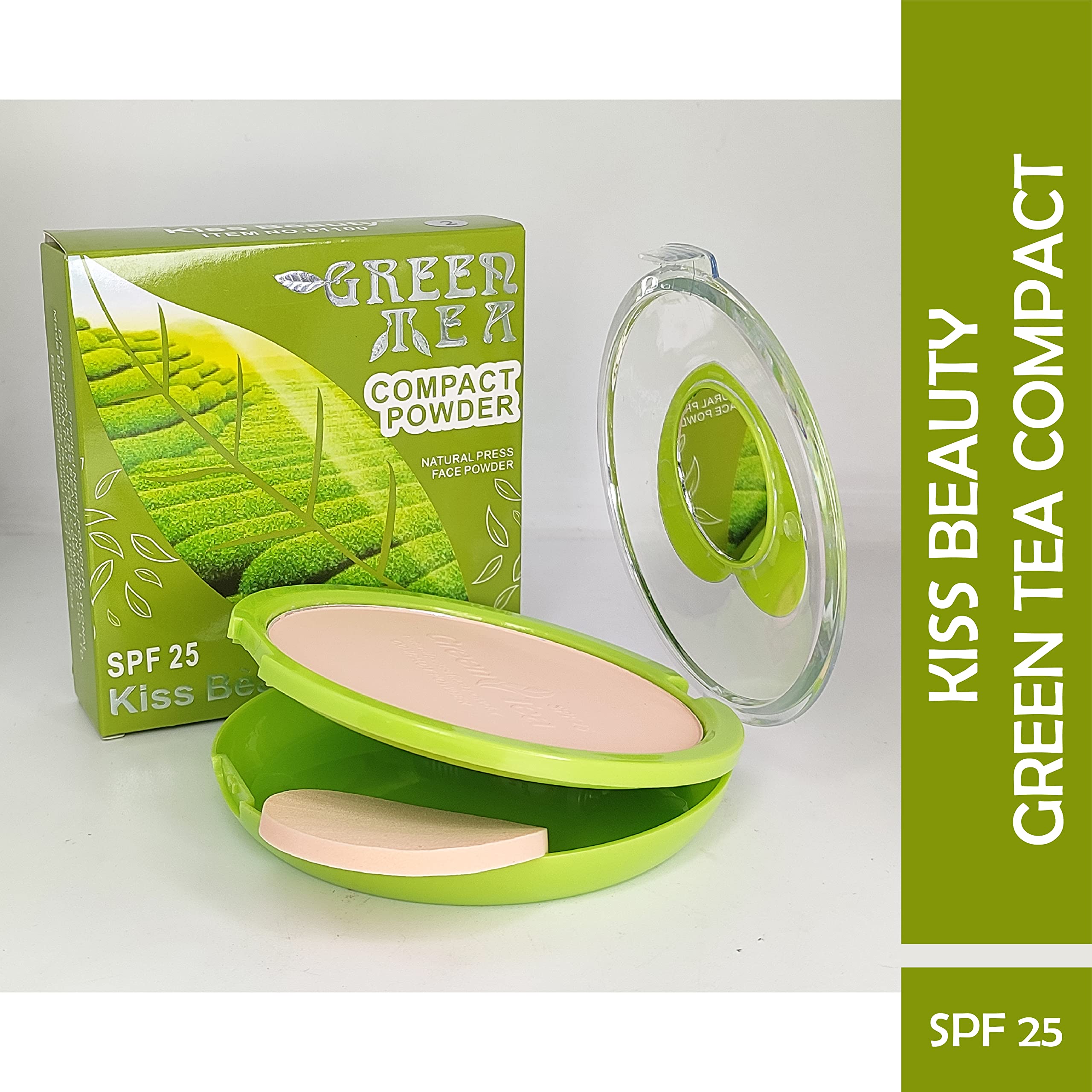Kiss Beauty Green Tea Matte Compact Powder 2-in-1 - Beige Shade for Dry & Oily Skin, Fair Complexion | Oil Control & Natural Finish for Daily Makeup & Touch-Ups