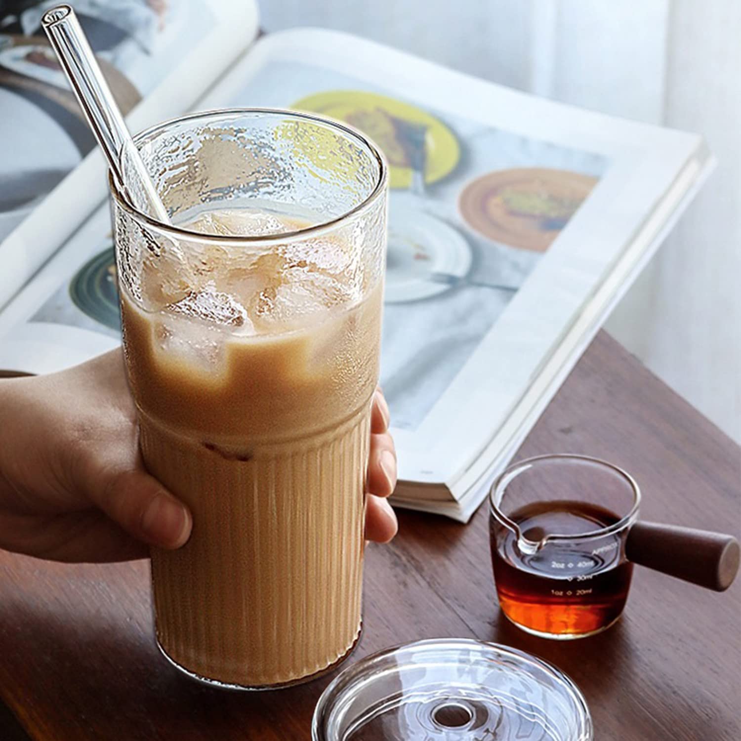 2 Packs 20 oz Glass Tumbler with Lids and Straws - Reusable Clear Glass Coffee Mug for Hot & Cold Drinks - Insulated Thick Wall Iced Tea Cup - Perfect for Coffee, Tea, Smoothies at Home, Office or Travel