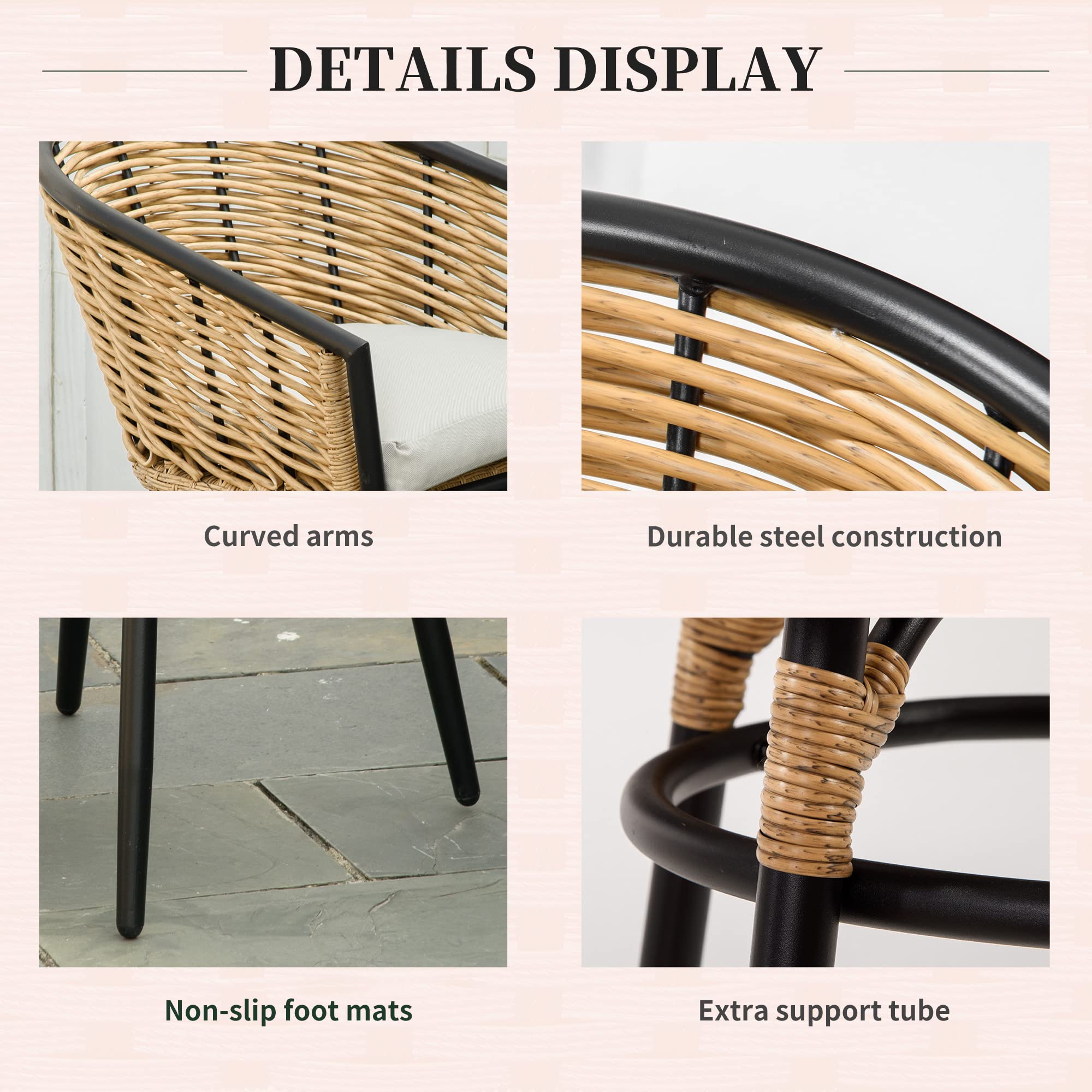 Outsunny 3-Piece Patio Set - PE Rattan Wicker Outdoor Bistro Table and Chairs with Cushions & Tempered Glass Top | Hand-Woven Barrel-Style Garden Furniture for Backyard, Porch, Poolside (Cream White) | Perfect for Outdoor Dining, Relaxing & Entertaining