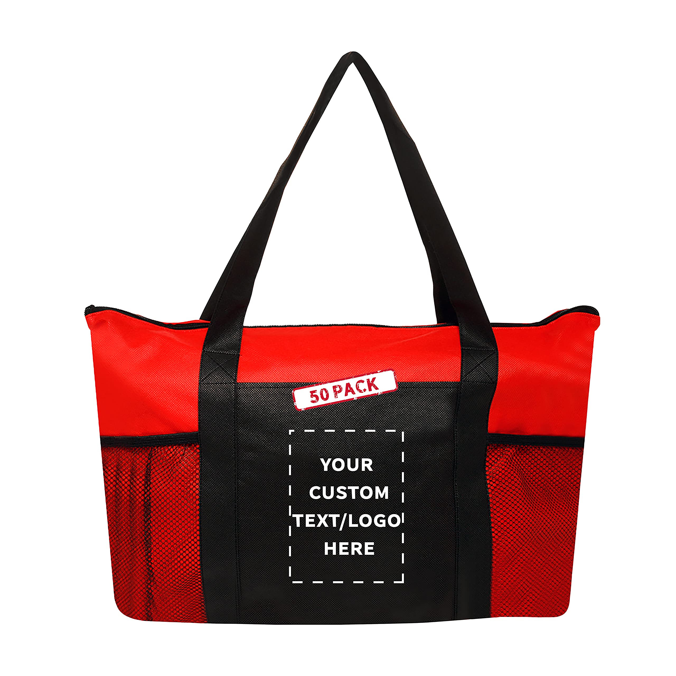 50 Pack Customizable Zippered Non-Woven Tote Bags with Mesh Pocket - Eco-Friendly Reusable Shopping Bags (19