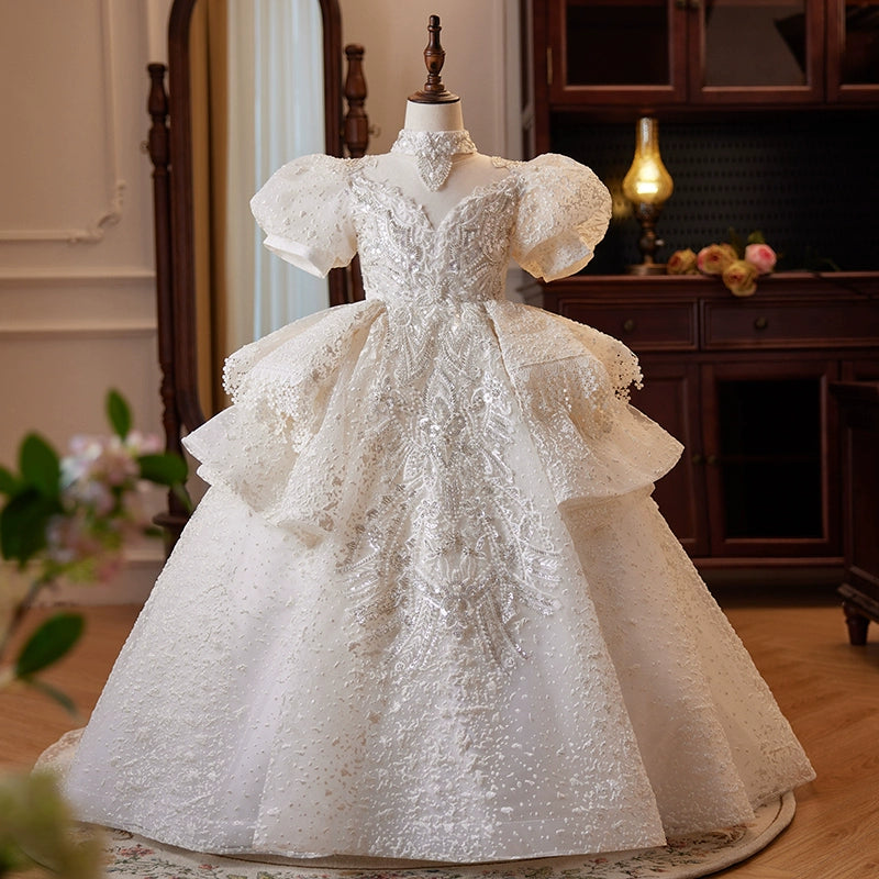 Elegant Princess V-Neck Floor-Length Lace Flower Girl Dress in White - Perfect for Weddings, Baptisms & Special Occasions