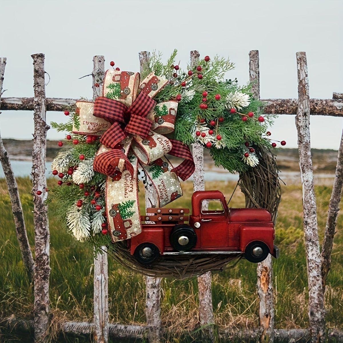 1pc Large Christmas Wreath with Red Truck - Front Door Hanging Holiday Decorations for Home, Xmas Tree & Fireplace Mantel Decor - Perfect for Holiday Season & Winter Home Décor