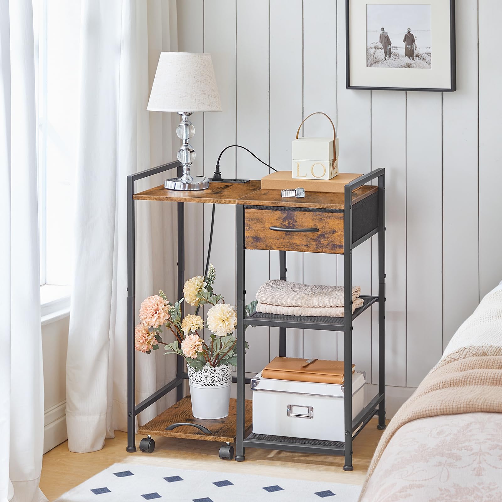 HOOBRO Printer Stand with Charging Station - Rustic Brown & Black Office Organizer with Fabric Drawer for Printer, Shredder & Fax Machine - Perfect for Home Office Workspace Organization & Device Storage