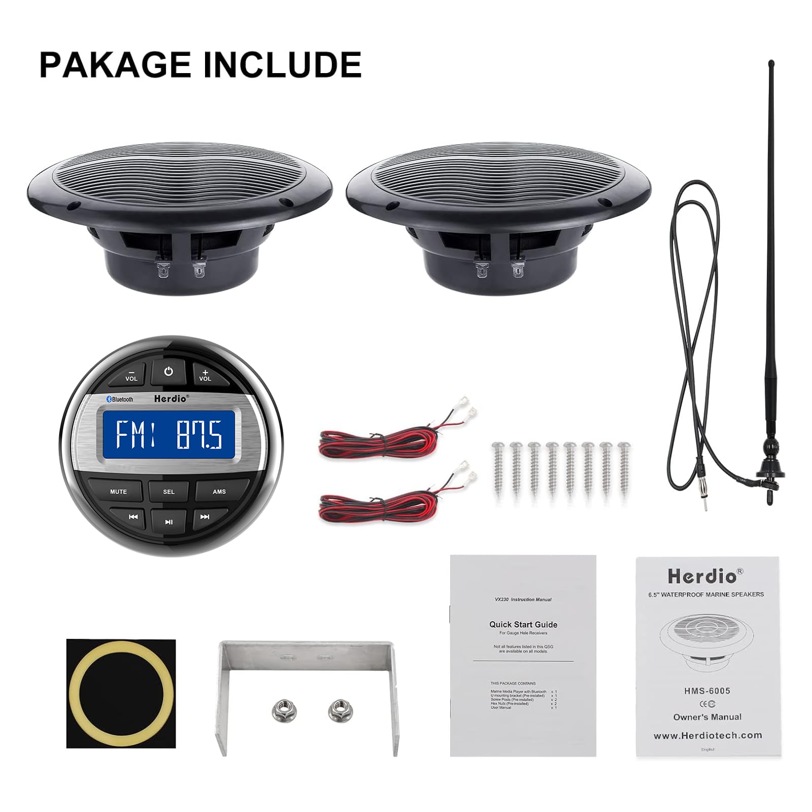 Herdio Marine Bluetooth Radio Speaker Set - 6.5 Inch Waterproof Flush Mount Ceiling Speakers with Marine Gauge Head Unit & Flexible Rubber FM/AM Antenna | Perfect for Boats, Yachts, and Marine Entertainment Systems