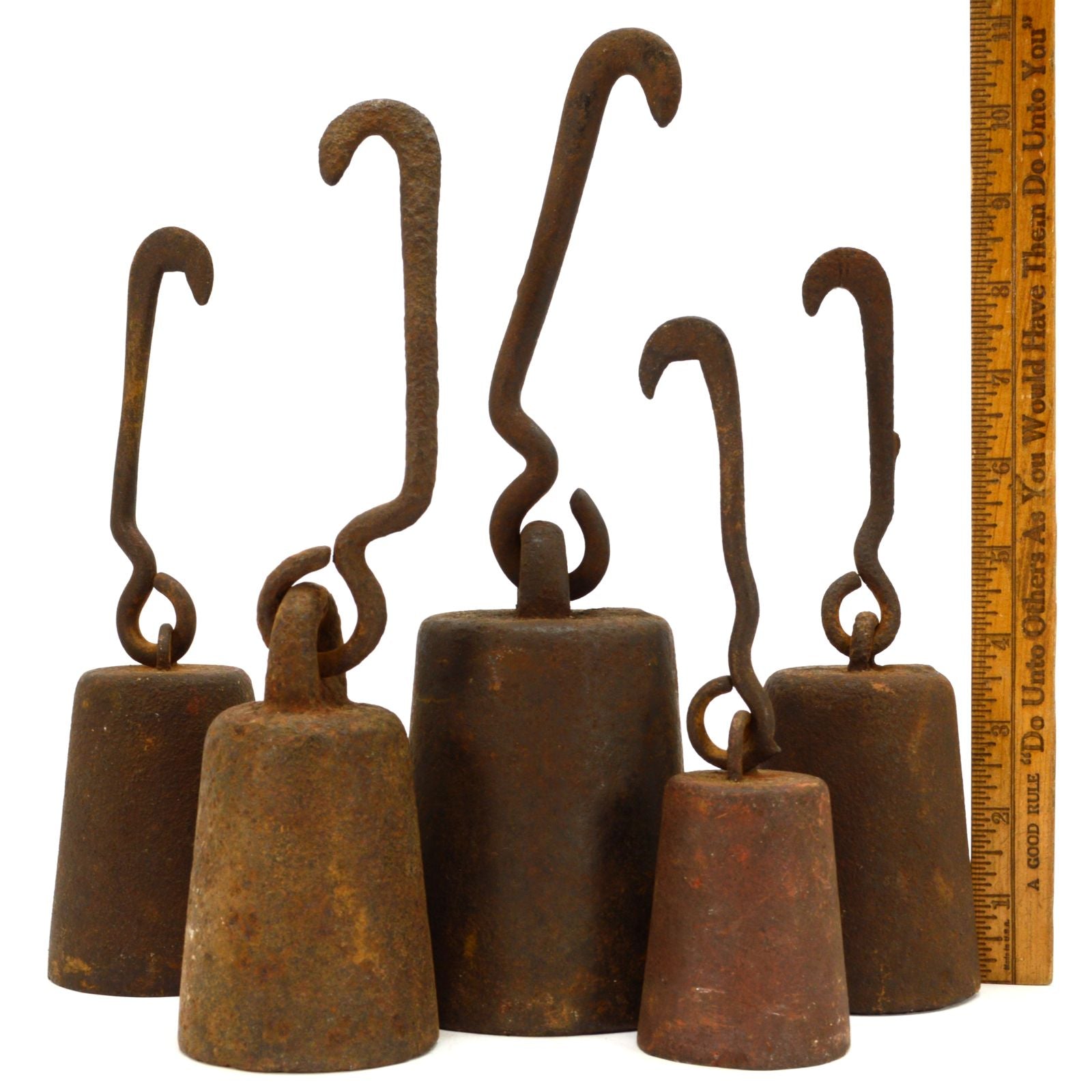 Vintage Cast Iron Sliding Scale Weights - Lot of 5 Antique Hanging Hook Weights (22 lb Total) for Farm, Kitchen, or Vintage Decor