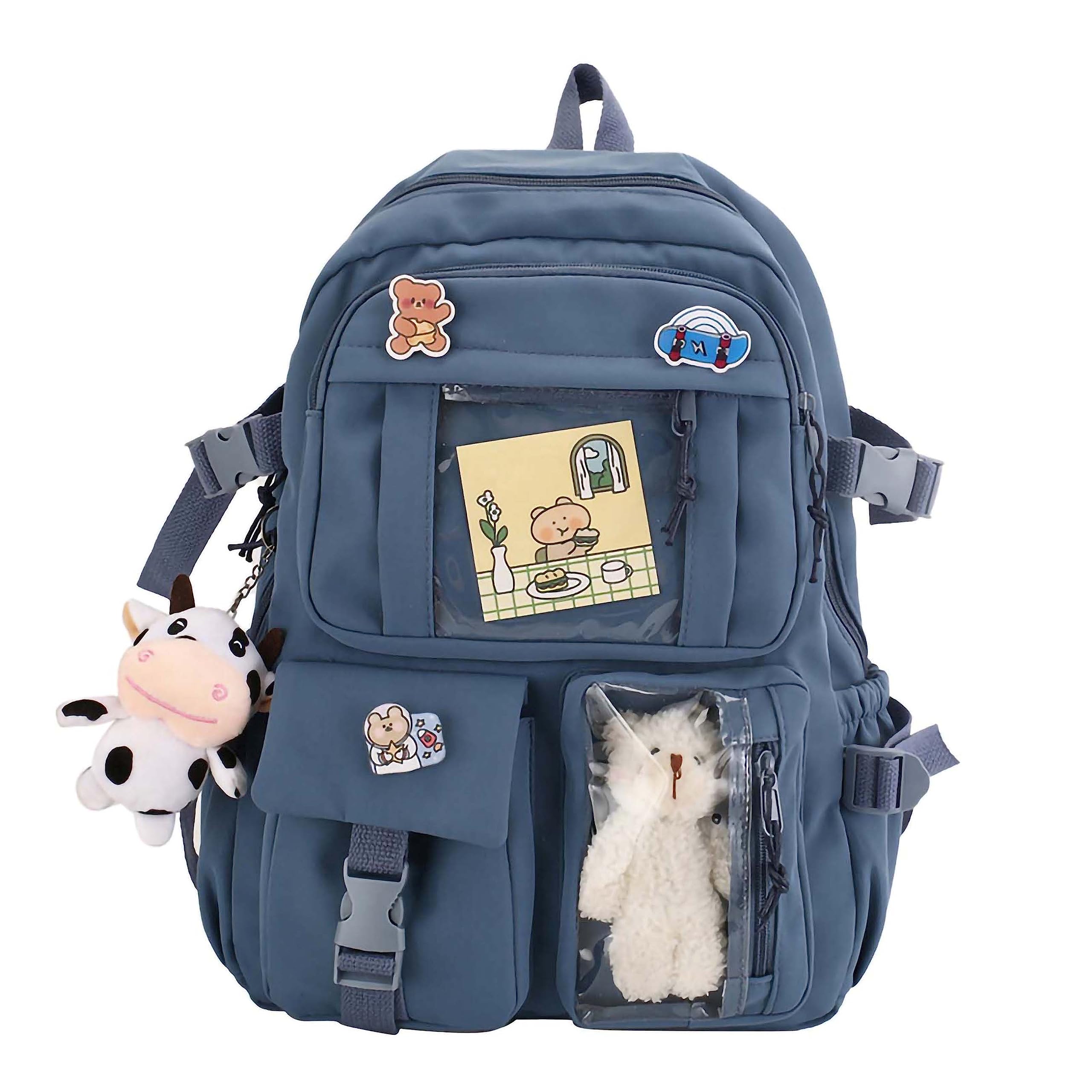 Cute Kawaii Backpack with Plush Pendant & Pins - Aesthetic School Backpack for Girls, Teens, College - Perfect for School, Travel, and Everyday Use