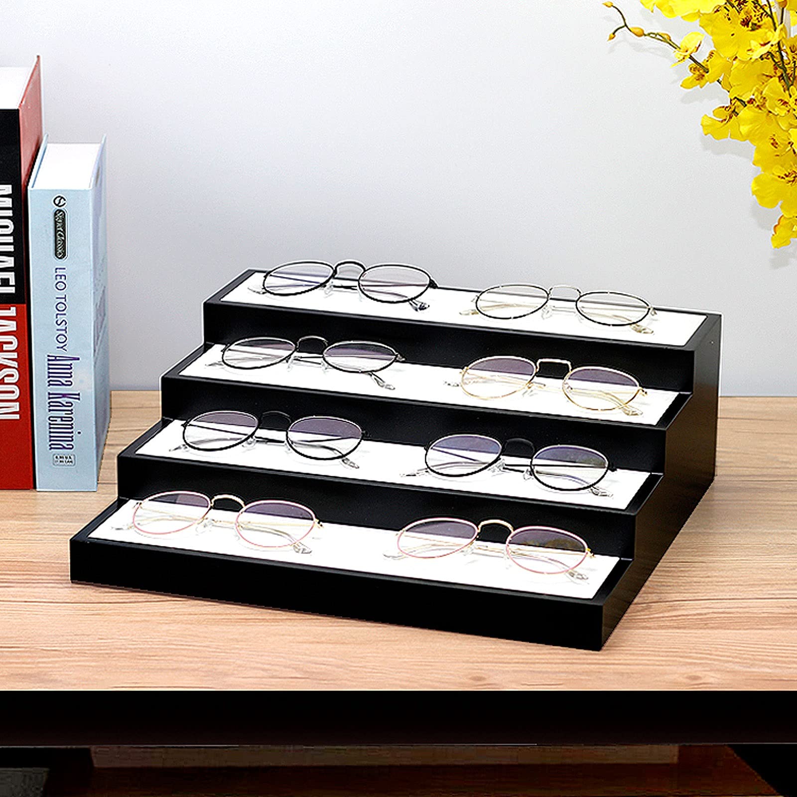 4-Tier Wooden Sunglasses Organizer & Eyeglasses Display Stand - Holds 8 Pairs of Glasses - Stylish Tabletop Storage Tray for Eyewear - Perfect for Home, Office, or Retail Store Display