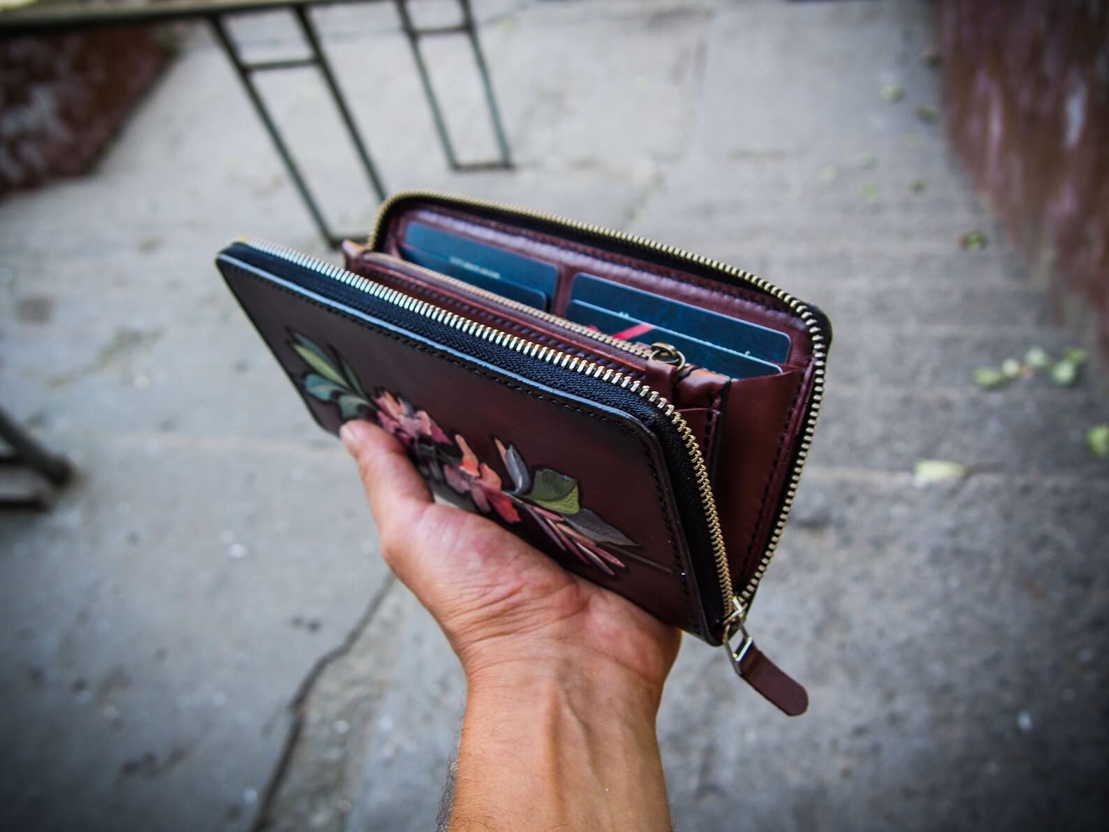 Men's 3D Genuine Leather Wallet - Floral Carved Zip Biker Clutch Wallet with Airbrush Art | Handmade Custom Personalized Tooled Leather Wallet for Everyday Use, Travel & Gift Giving
