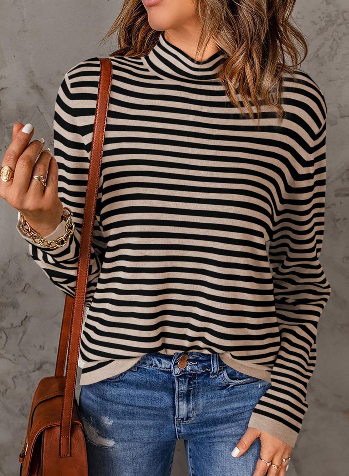 Dokotoo Women's Lightweight Striped Turtleneck Sweater - 2025 Fashion Long Sleeve Pullover Top for Casual Wear, Office & Fall Layering
