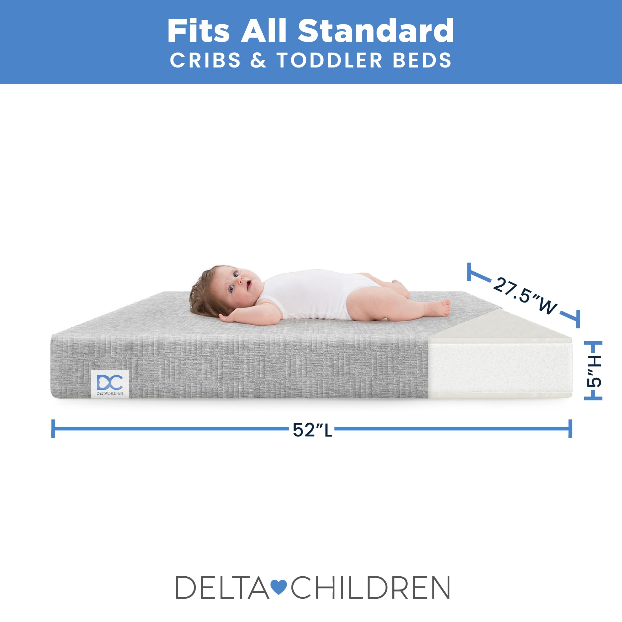 Delta Children Sweet Beginnings Dual Sided Crib & Toddler Mattress - GREENGUARD Gold & CertiPUR-US Certified - Plant-Based Soy Foam Core - Waterproof Cover - 5 Year Warranty - Made in USA - Perfect for Nursery & Toddler Bed Transition