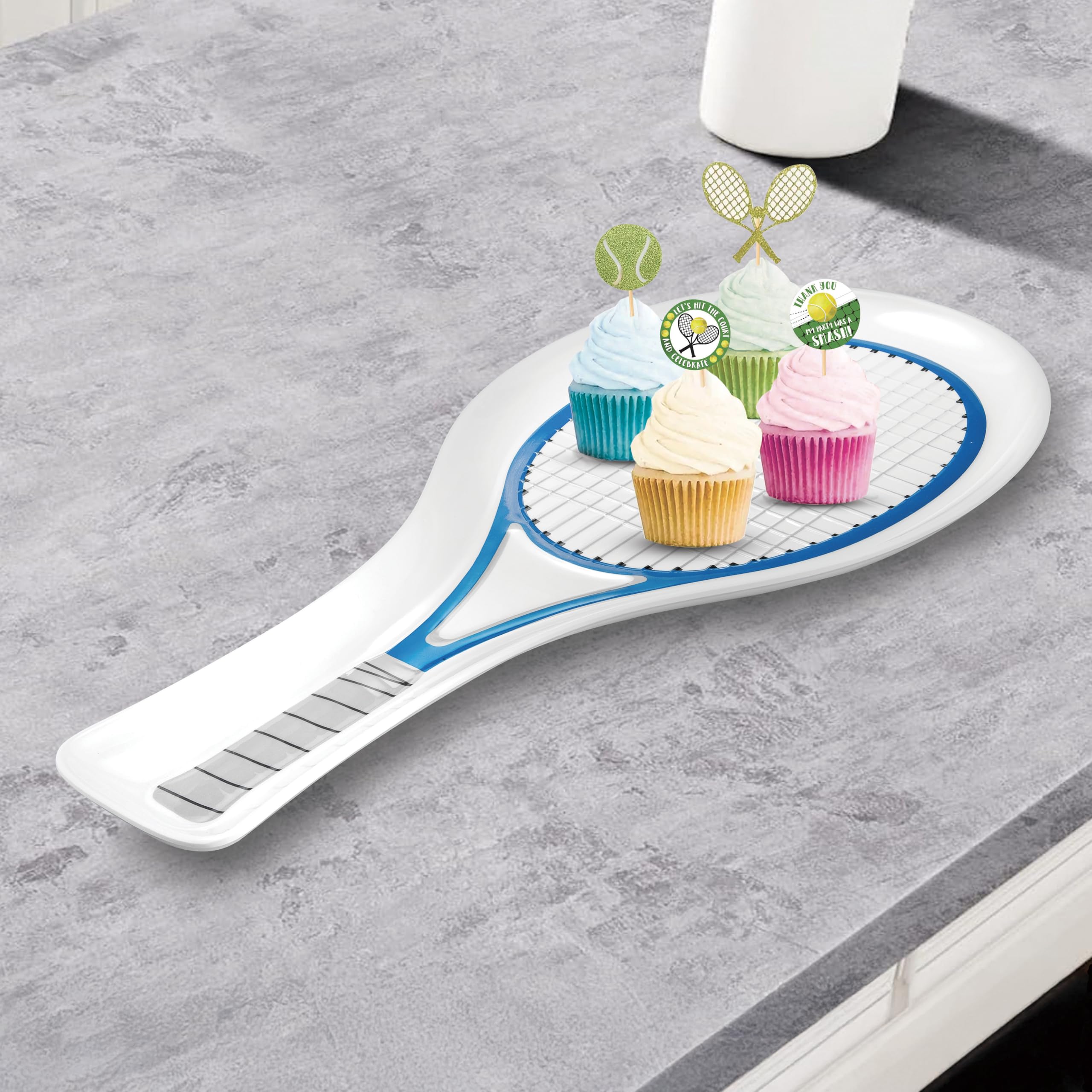 UPware Tennis Racquet Melamine Serving Platter - Sports Themed Party Tray for Snacks, Appetizers & Desserts - Blue Tennis Design - 21 x 9.5 Inch - Perfect for Tennis Parties, Game Day Snacks & Sports-Themed Events
