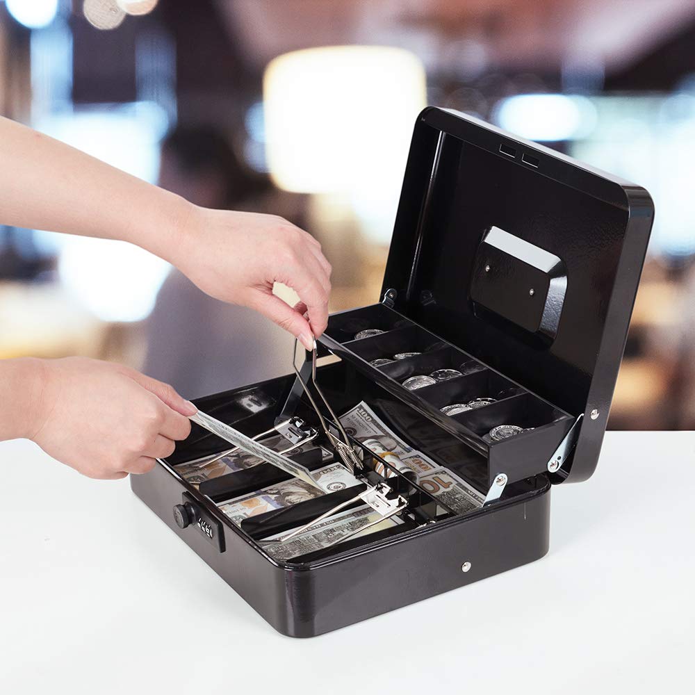 Heavy Duty Metal Cash Box with Money Tray & Combination Lock - 11.8