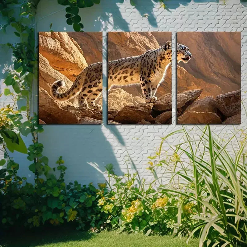 3-Piece Leopard on Rocky Cliff Wildlife Wall Art Set - Modern Blue Nature Canvas Framed 50x70cm - High Quality Print - 100% Australian Made - Ready to Hang - Perfect for Living Room, Bedroom & Office Decor