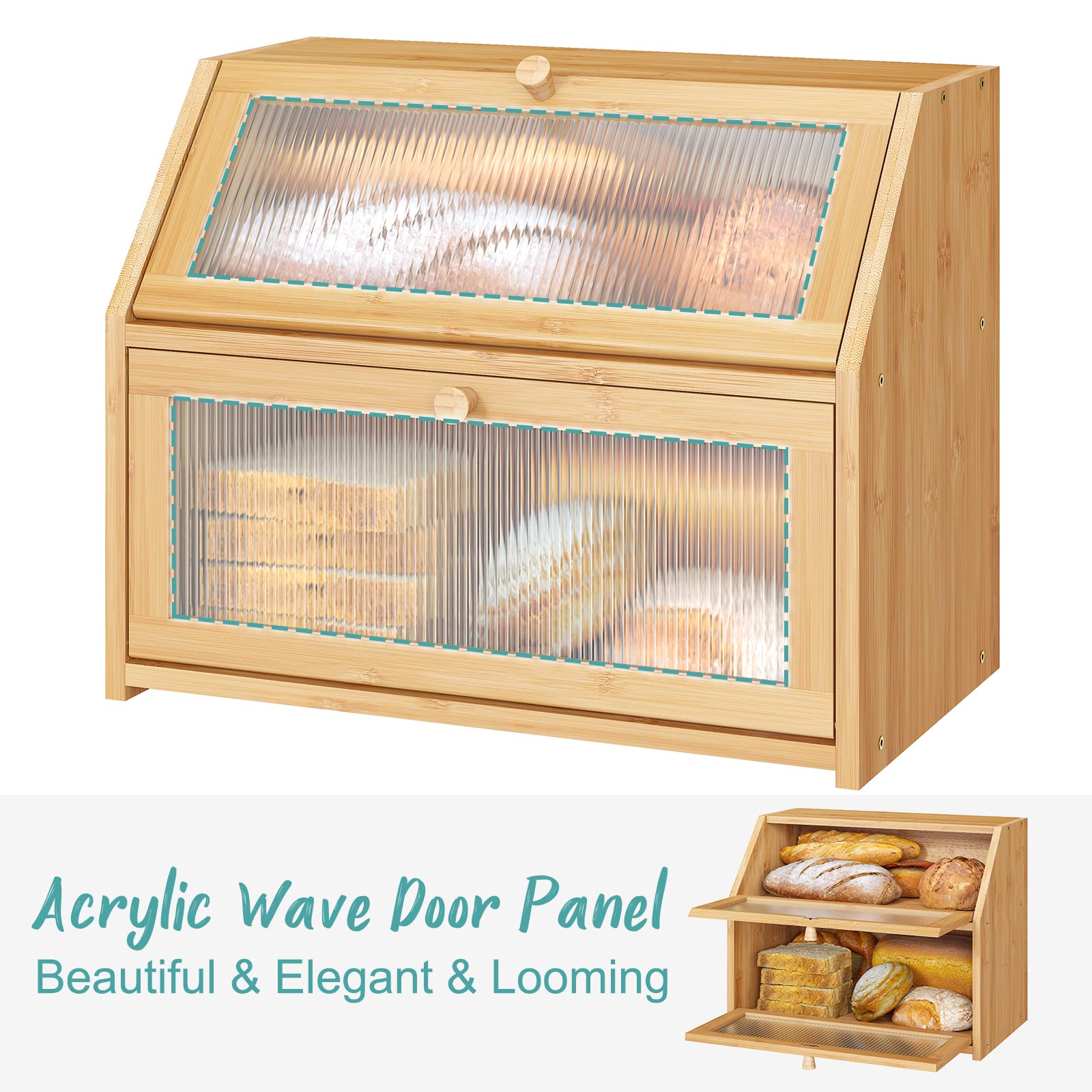 Large Bamboo Wood Double Layer Bread Box for Kitchen Counter - Wooden Bread Storage Container with Ample Capacity | Perfect for Storing Bread, Buns, and Pastries to Keep Fresh on Countertop
