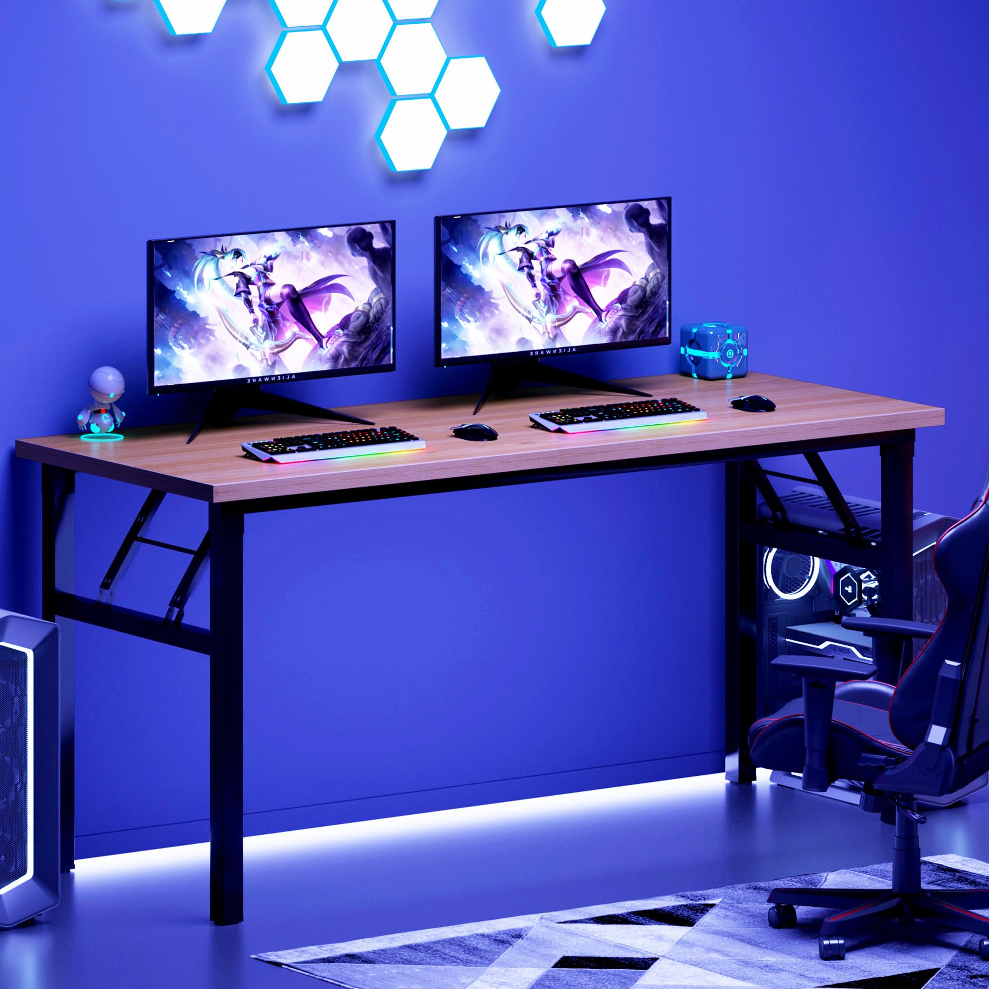DlandHome 62 Inch Computer Desk - Sturdy Metal Frame Office Desk with Teak & Black Finish, Perfect for Home Office, Study, Writing & Workstation Use