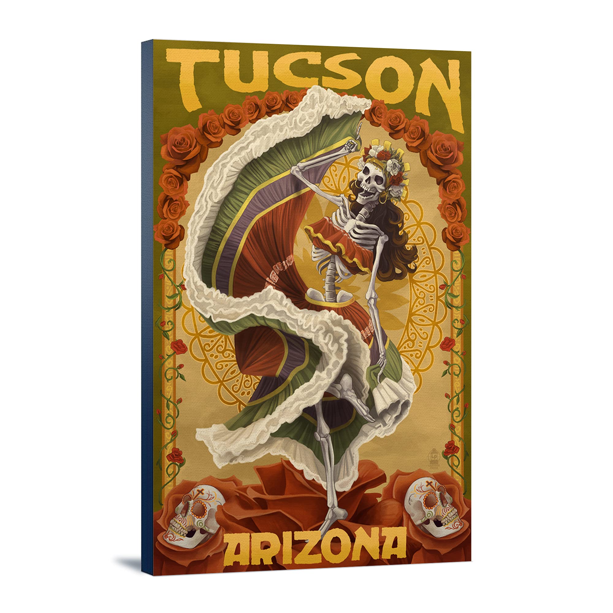 Day of the Dead Dancing Skeleton Wall Art - 24x36 Stretched Canvas Print - Tucson Arizona Inspired Mexican Folk Art - Perfect for Halloween Decor, Dia de Los Muertos Celebration & Home Gallery Wall