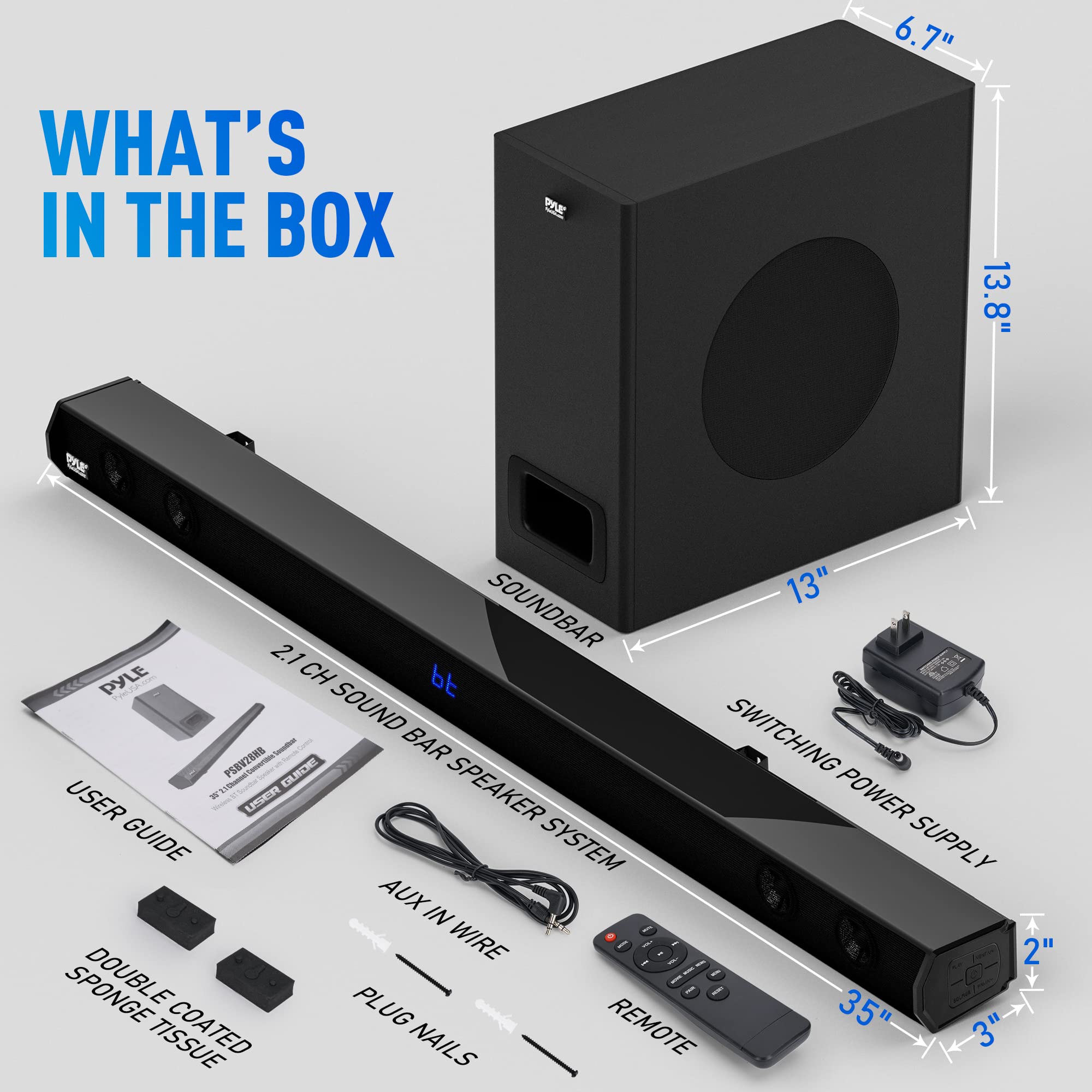 PyleUSA 2.1 Channel 500W Bluetooth Soundbar with Wireless Subwoofer - 35