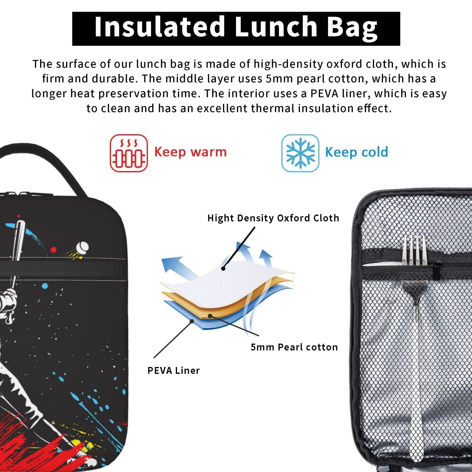 Personalized Black Insulated Baseball Lunch Box for Men & Boys - Leakproof, Waterproof & Reusable Cooler Tote Bag with Name - Durable Portable Lunch Bag for Sports, Beach, Picnic, Work & School Lunch