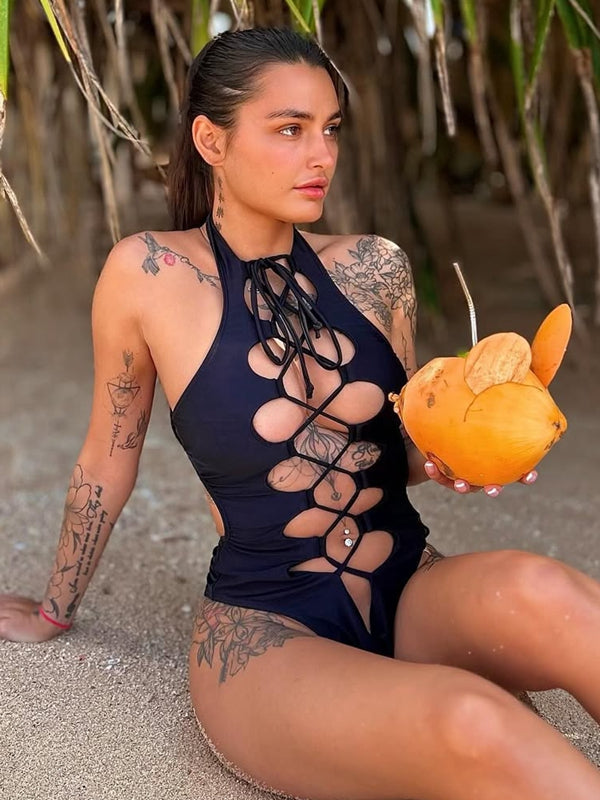 ZASUWA Women's Hollow Out Halter One Piece Swimsuit - Roman Knot Design for Beach, Pool, and Summer Vacation