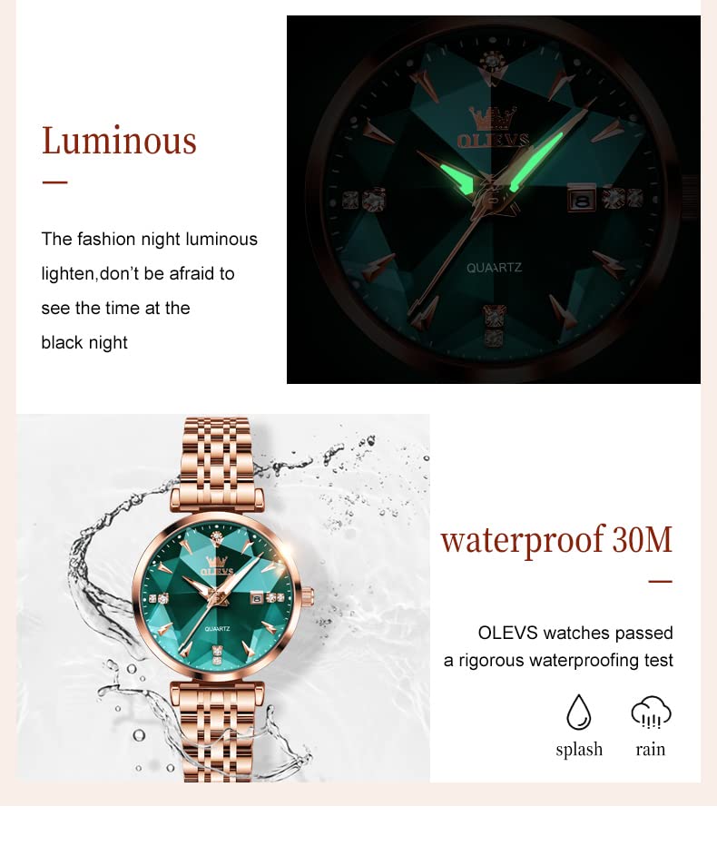OLEVS Women's Luxury Rose Gold Diamond Analog Quartz Watch - Stainless Steel, Luminous, Waterproof with Date - Perfect for Dressy Occasions, Office & Everyday Wear