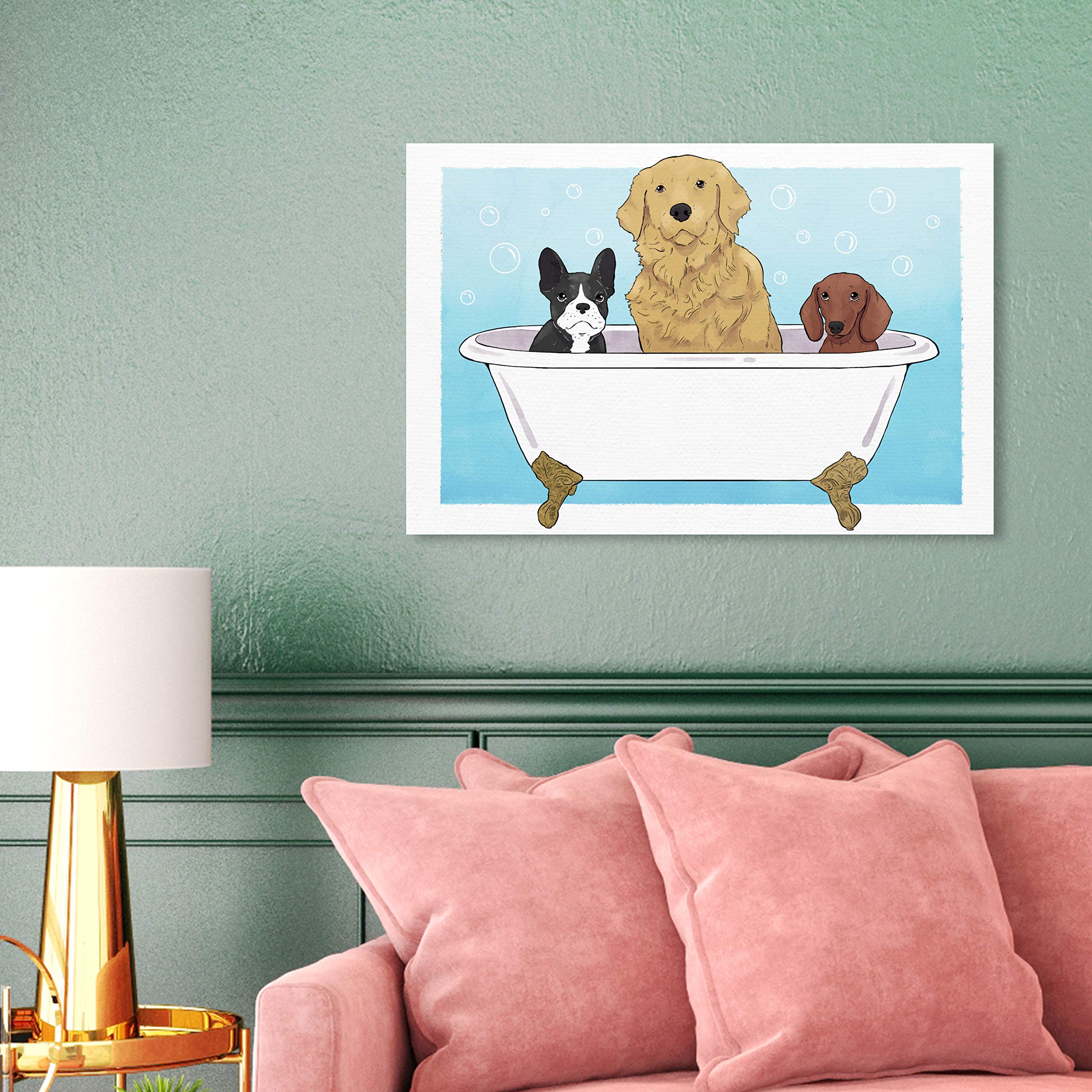 Oliver Gal Artist Co. 'Pups in a Tub' Animal Wall Art Canvas Print - Blue & White Home Decor (24x16 Inches) - Perfect for Nursery, Living Room or Bathroom Wall Decor