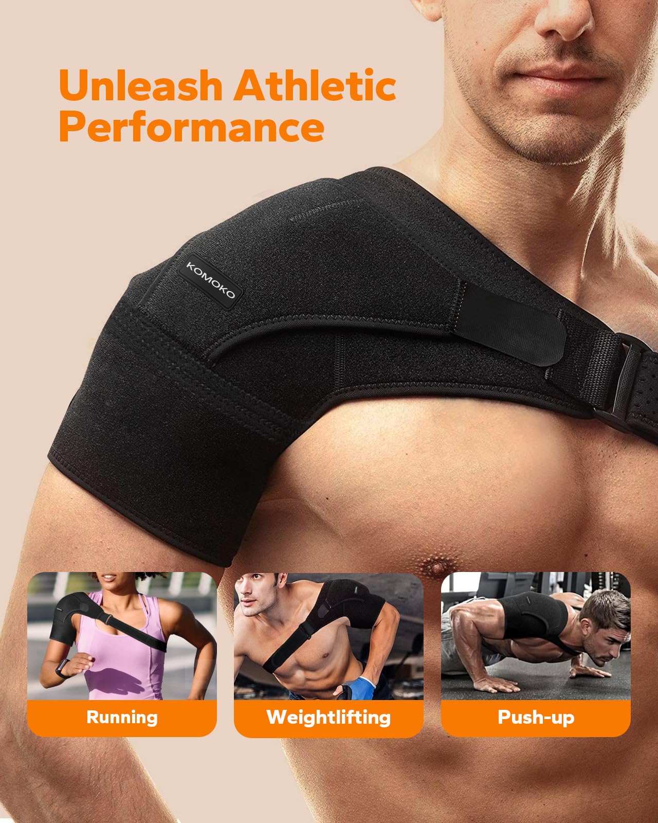 Komoko Shoulder Brace - Adjustable Rotator Cuff Support & Arm Sling for Pain Relief - Shoulder Compression Sleeve for Strains & Dislocation Prevention - Fits Left/Right Arm for Men & Women - Ideal for Sports Injuries, Post-Surgery Recovery & Daily Support