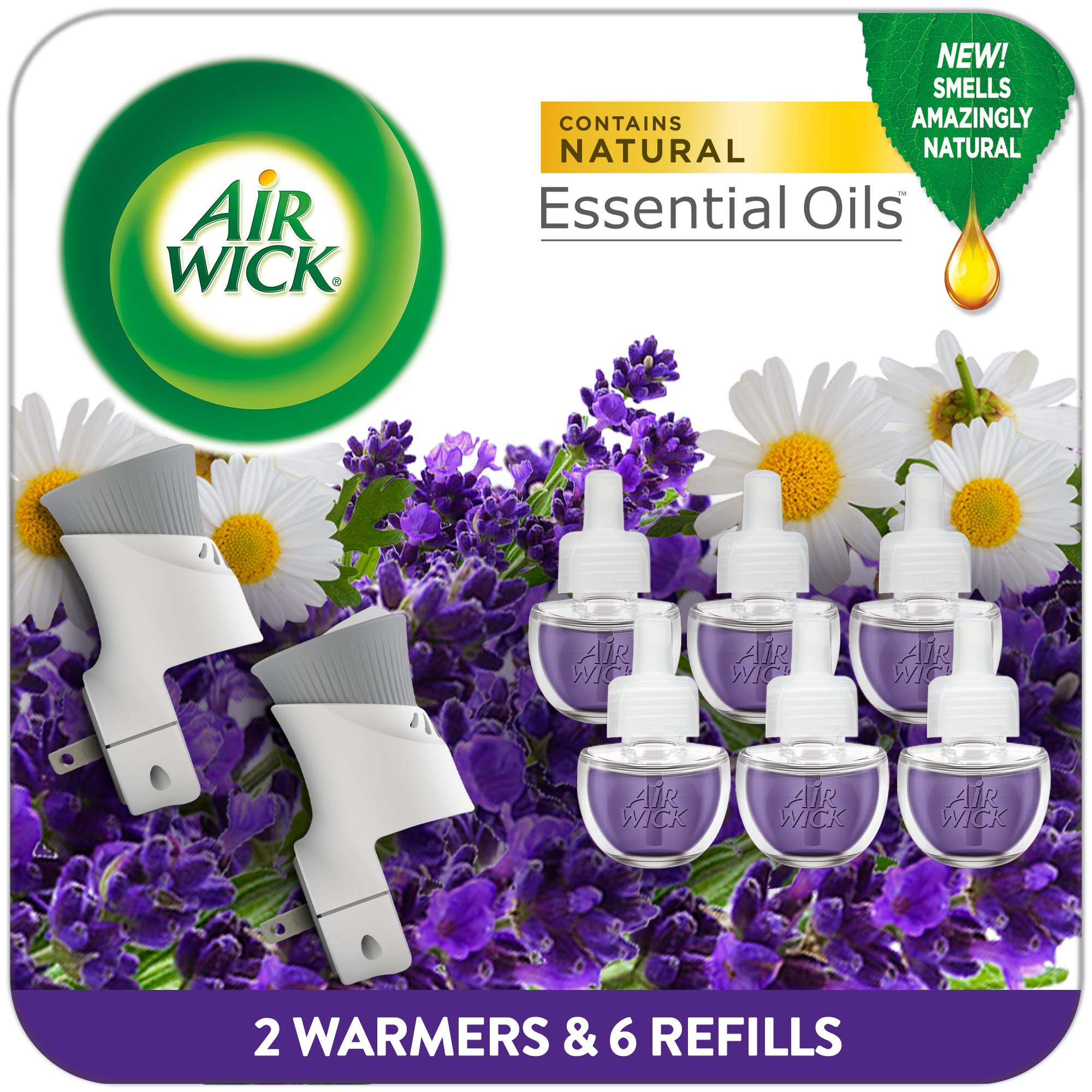 Air Wick Plug in Scented Oil Starter Kit - 2 Warmers + 6 Lavender Chamomile Refills | Eco-Friendly Essential Oil Air Freshener for Home, Office & Bedroom | Long-Lasting Fragrance & Relaxing Aroma