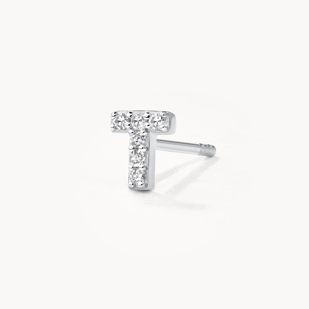 Diamond Letter T Single Stud Earring in Sterling Silver - Perfect for Gifts, Birthdays & Everyday Elegance