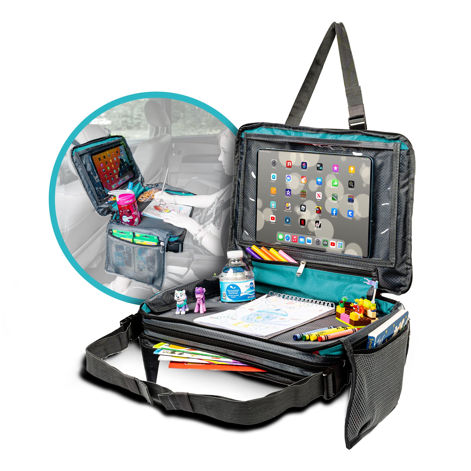 BE Family Travel Kids Car Seat Travel Tray - Portable Snack & Activity Tray for Toddlers - Teal Green Car Accessories for Children - Perfect for Road Trips, Snacks, Toys & Learning Activities