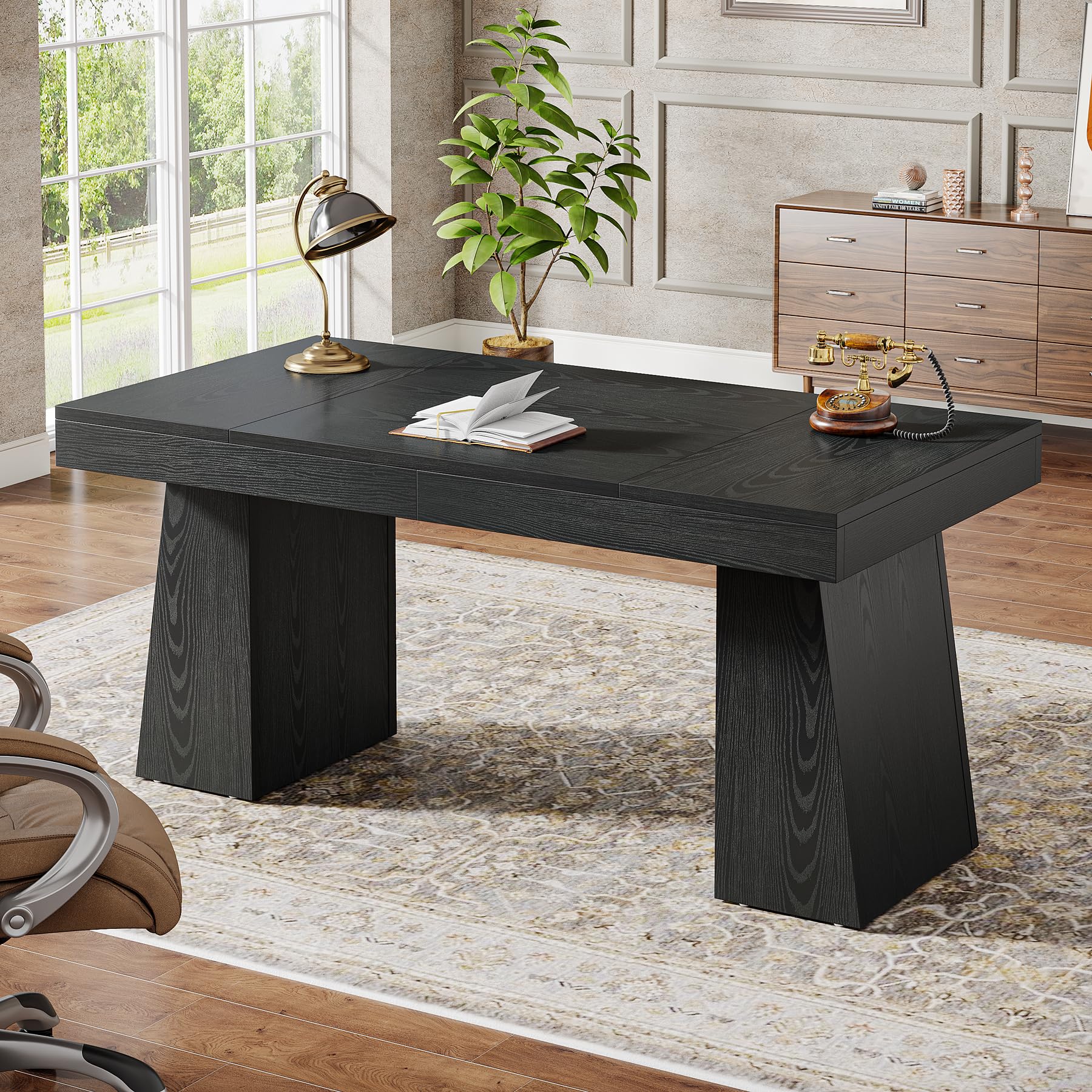 Tribesigns 55 Inch Modern Executive Desk - Mid Century Style Home Office Desk with Sturdy Double Trapezoid Base, Wooden Computer Desk for Business & Conference Room (Black) | Perfect for Small Office Spaces & Remote Workstations