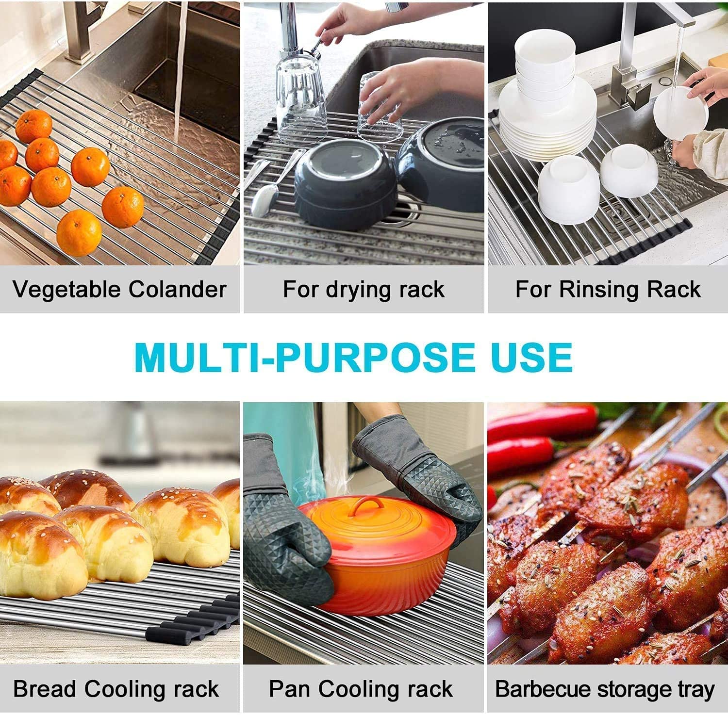 SCILLA Foldable Roll-Up Dish Drying Rack for Kitchen Sink - Non-Slip Silicone & Stainless Steel Drain Rack for Plates, Utensils, and Vegetables - Space-Saving Kitchen Organizer for Small Spaces and RVs