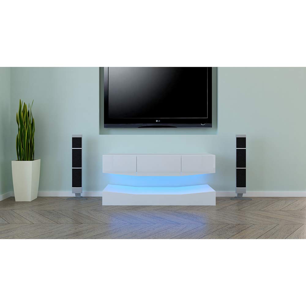 Modern White High Gloss TV Stand with RGB LED Lights - Floating Wall Mounted Entertainment Center Console Table with 2 Shelves for Living Room | Perfect for Gaming Setups & Home Theater Systems