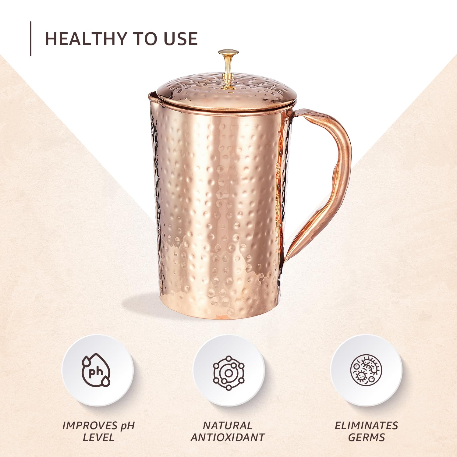 Solimo Hammered Copper Jug with Copper Glass - 1350ml (45.6 oz) - Elegant Water Pitcher for Home, Bar & Party - Perfect for Iced Tea, Lemonade & Cocktails