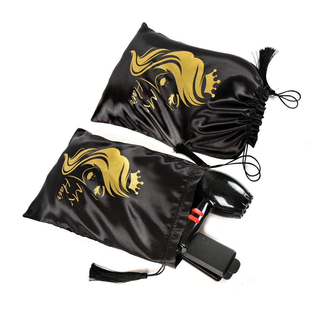 Premium Silk Wig Storage Bags - 5-Piece Set of Soft Satin Drawstring Pouches for Wigs, Hair Extensions & Tools | Travel-Friendly Hair Organizer | Ideal for Salon Professionals & Hair Care Enthusiasts | Perfect for Travel, Storage & Business Gifting (Black)