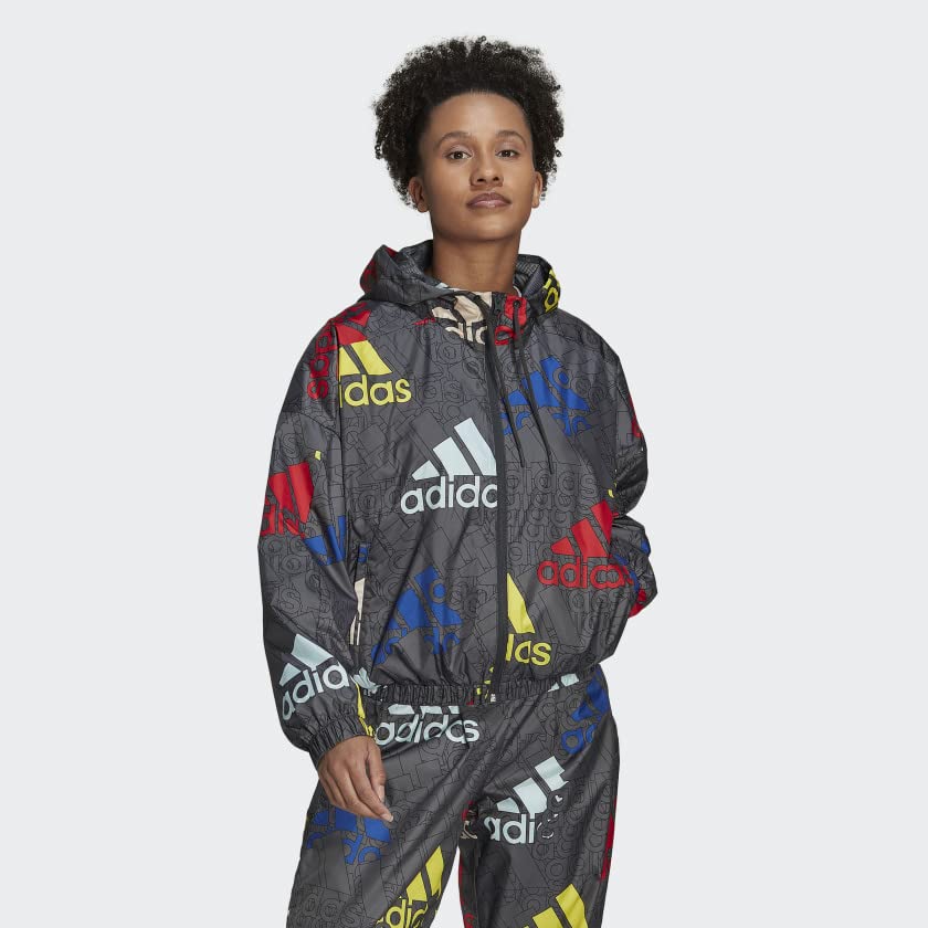 Adidas Women's Essentials Multi-Colored Logo Windbreaker Jacket - Lightweight Waterproof Running & Outdoor Sports Coat for Jogging, Hiking, Travel
