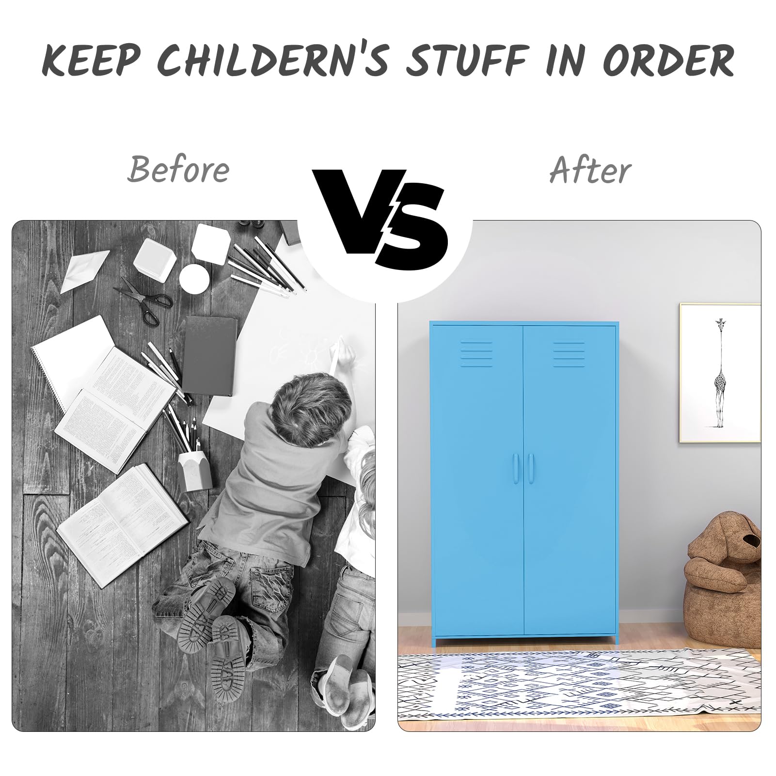 Steel Locker Cabinet with Double Doors, Hanging Rod & Shelves - Storage for Clothes, Toys & School Supplies | Perfect for Bedroom, Classroom & Office Organization (Blue)