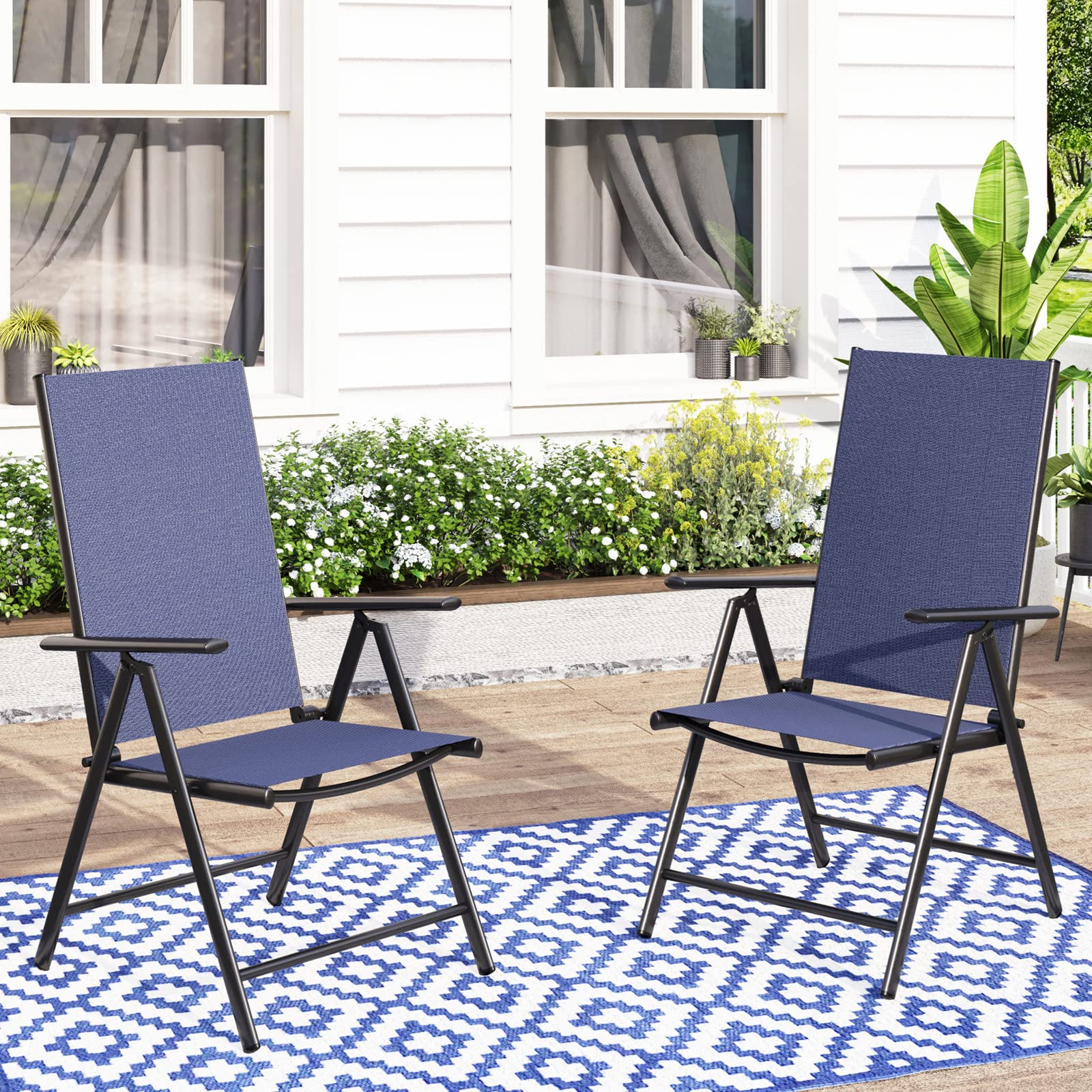 MFSTUDIO 2-Pack Patio Folding Chairs - Adjustable Sling Back Outdoor Dining Chairs for Backyard, Garden & Lawn - Portable Blue Patio Furniture Set (7-Level Reclining) - Perfect for Poolside Relaxation, BBQs & Outdoor Gatherings