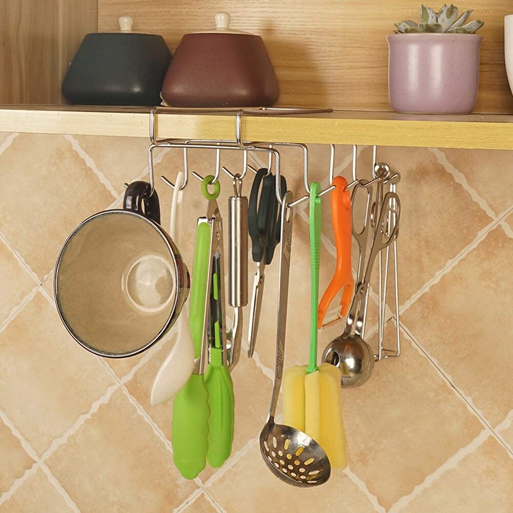 Zollyss 304 Stainless Steel Under Shelf Coffee Mug Holder - 10 Hook Space Saving Cup Rack Organizer for Kitchen, Cabinet, Counter & Table - Perfect for Small Spaces, Office Breakroom & Dorm Organization (Pack of 1)