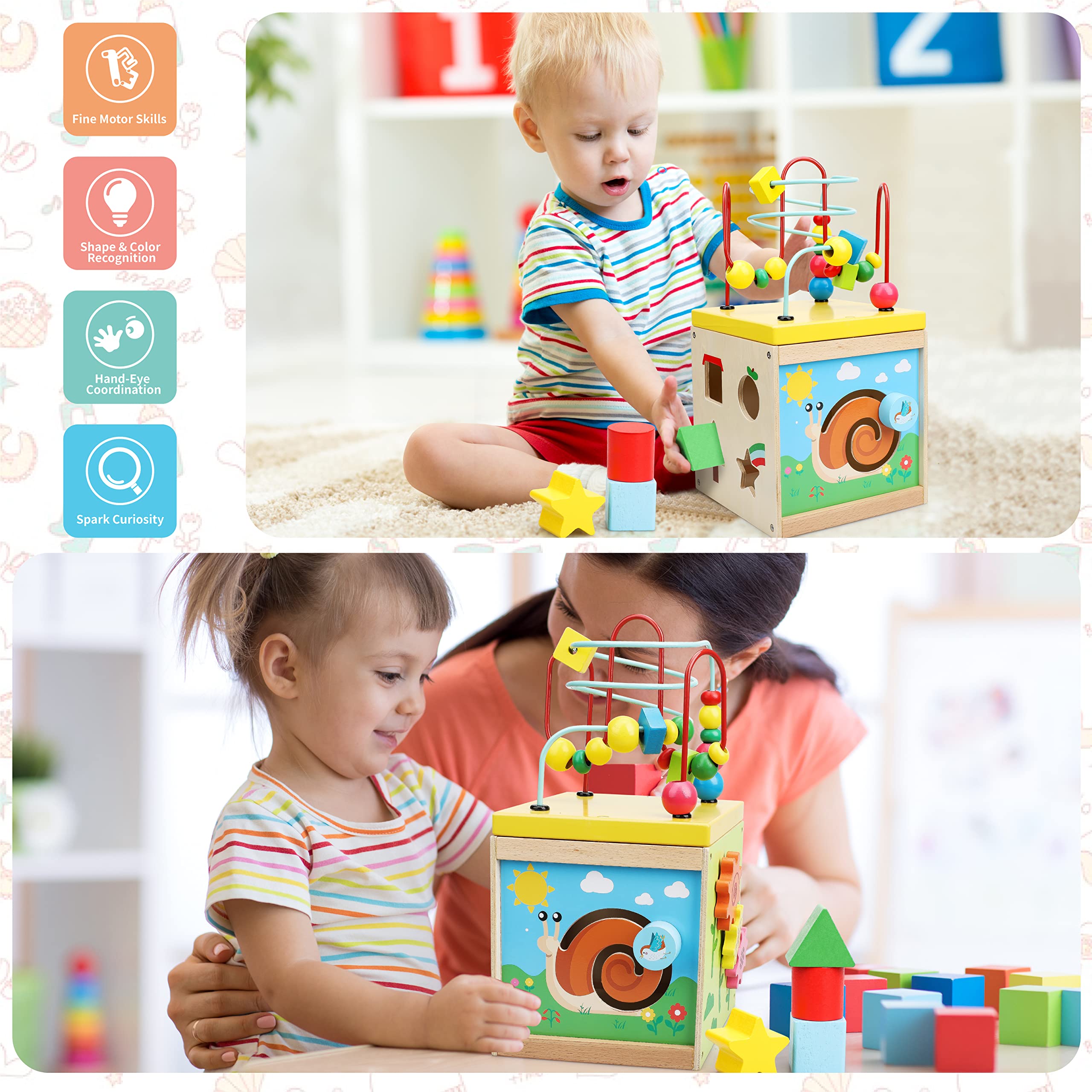 TOY Life Wooden Baby Activity Cube - Educational Learning Toy for Toddlers 1-3 Years Old with Bead Maze & Busy Cube | Montessori Toys for 1+ Year Old Boys & Girls | Perfect Gift for 9-10 Month Old Babies | Great for Early Childhood Development & Playtime Fun